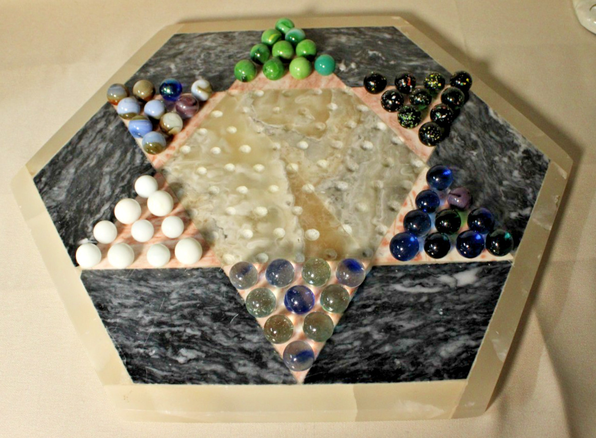 Vintage Quartz Marble Onyx Chinese Checkers Board Natural Stone with VTG Marbles