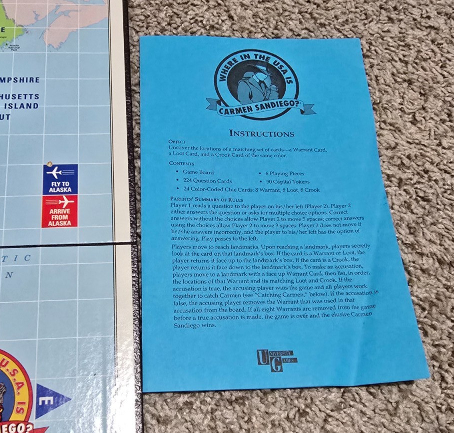 Vintage WHERE IN THE USA IS CARMEN SANDIEGO? Board Game University Games 1993