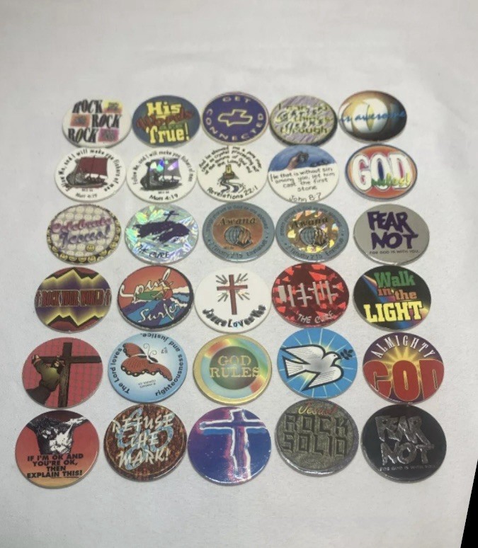 Vintage POGs Lot Of 30 Religious Christian Jesus Milk Caps w/Holder/Container