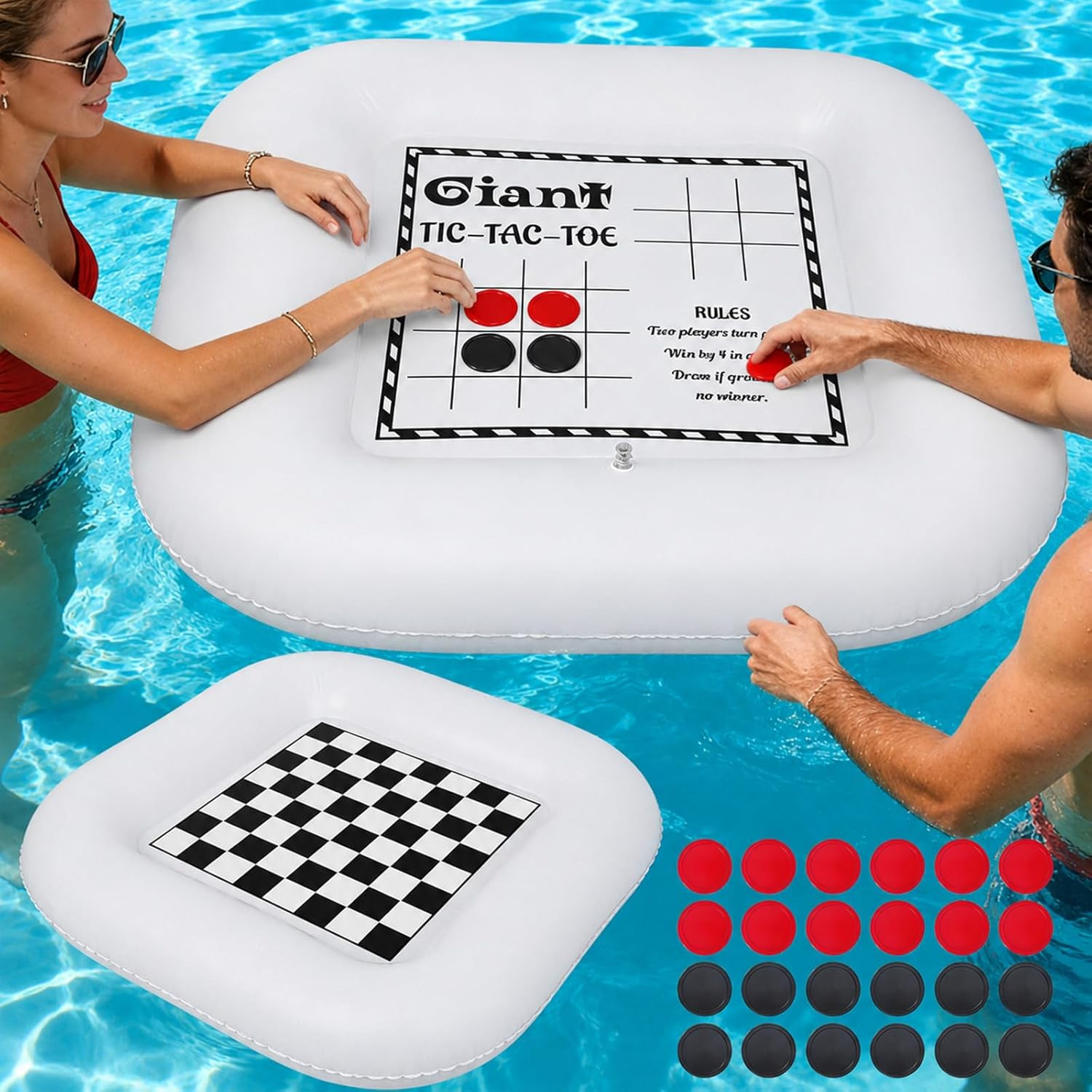 3-In-1 Pool Games Set Inflatable Giant Tic Tac Toe Checkers Board Game with 24 C