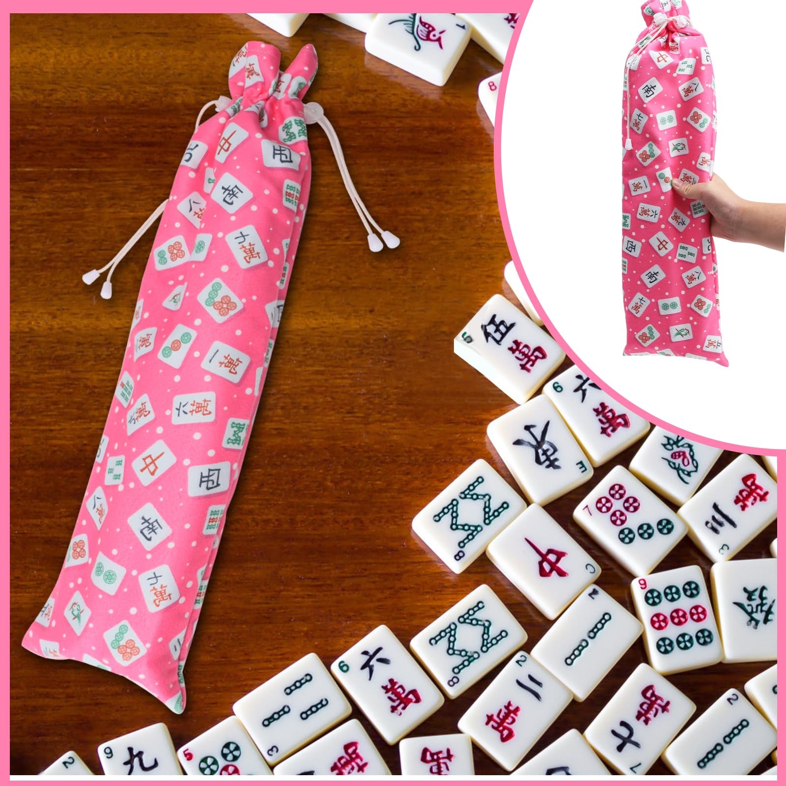 Mahjong Rack Bag, Velvet Drawstring Storage Pouch with Mahjong Print, Fits 4 .