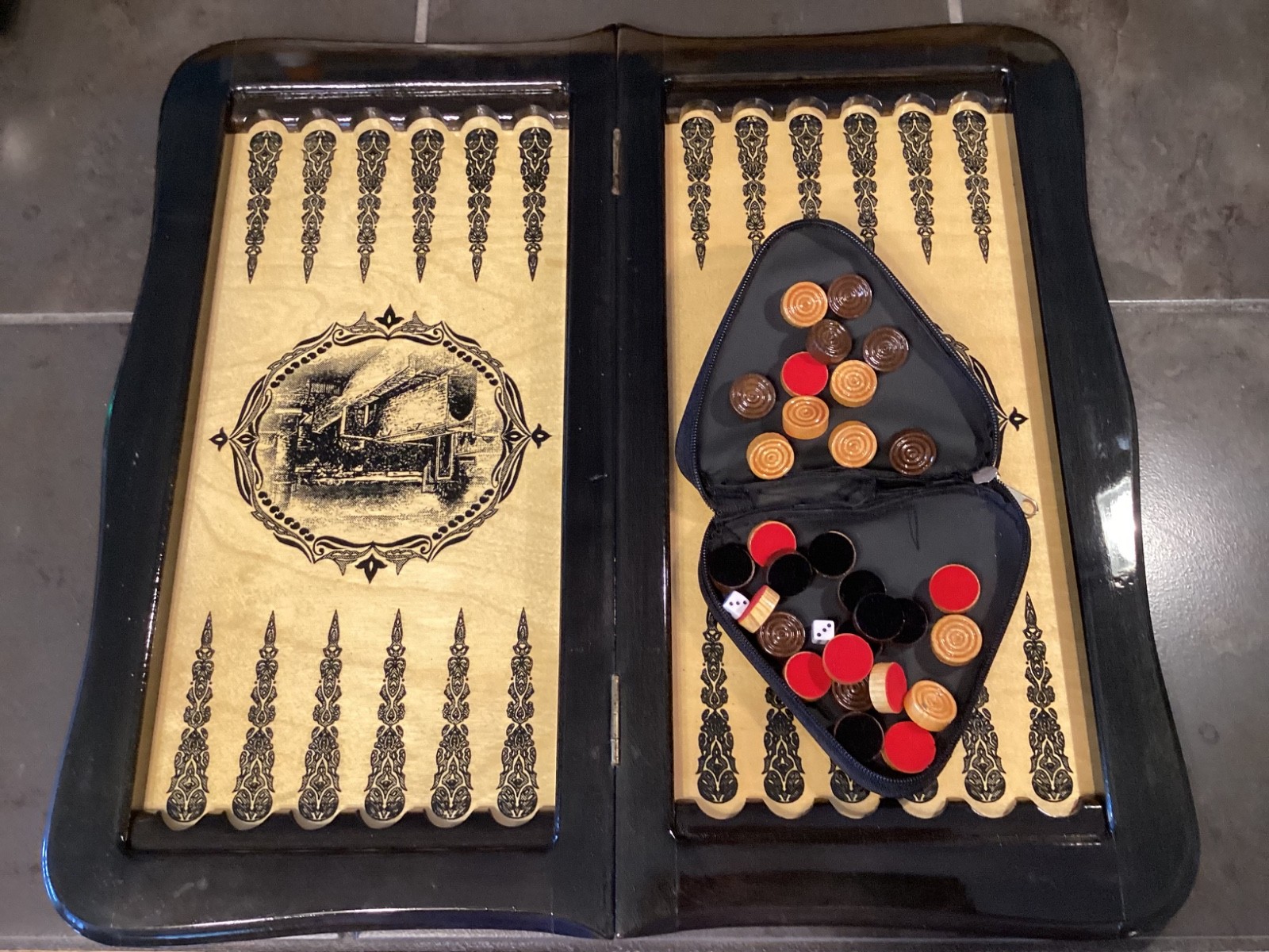 Vintage, handmade wooden Backgammon Set features maiden Tower in Baku Azerbaijan