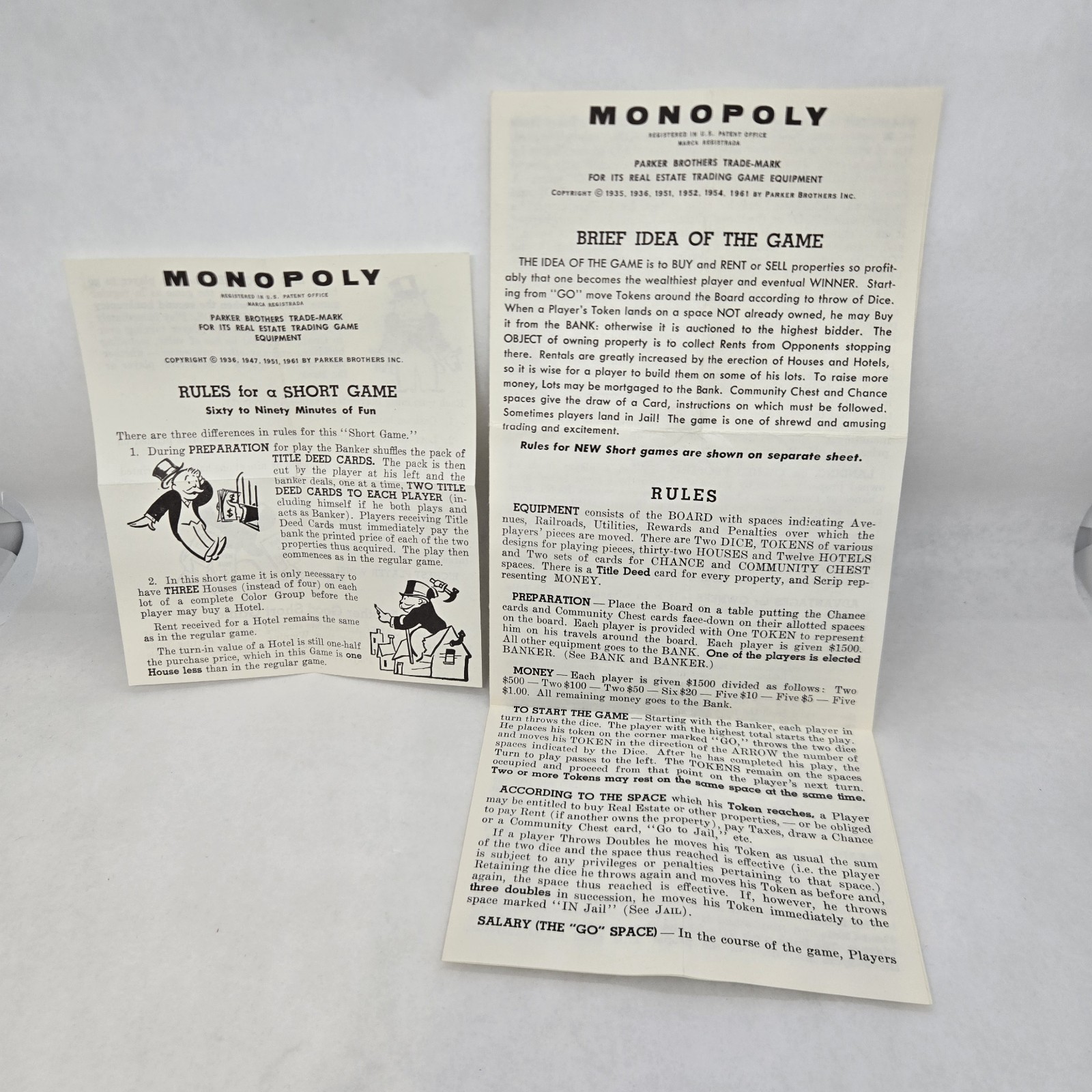 Set of 2 Vintage Monopoly Replacement Instruction Manuals ©1961 Long & Short