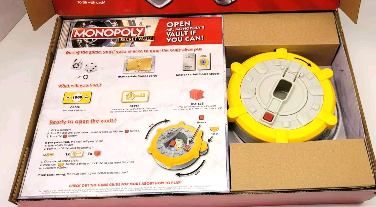 MONOPOLY Secret Vault Board Game for Kids Ages 8 and Up, Complete, New, Open Box