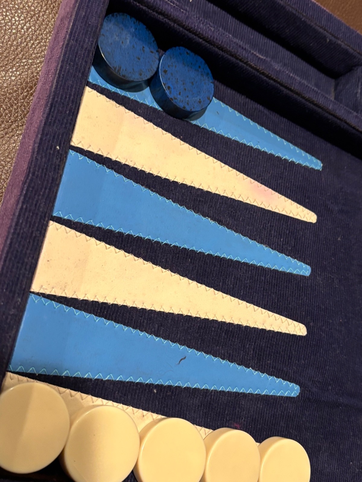 Vintage Backgammon Blue Corduroy Case Blue Black Speck + Cream Checkers
