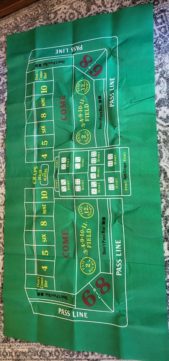 Green Felt Tabletop Craps Game With Texas Hold’em On The Reverse Side