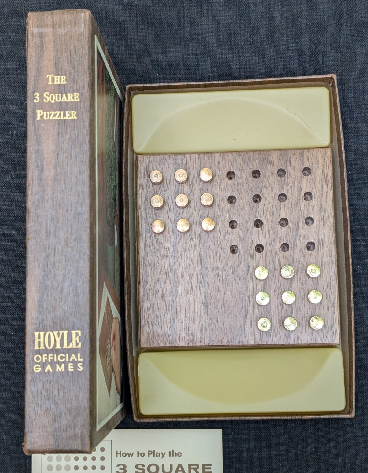 VTG 1964 HOYLE GAME SETKO’S 3 SQUARE PUZZLER WALNUT BOARD BRASS PCS BOXED COMPLT