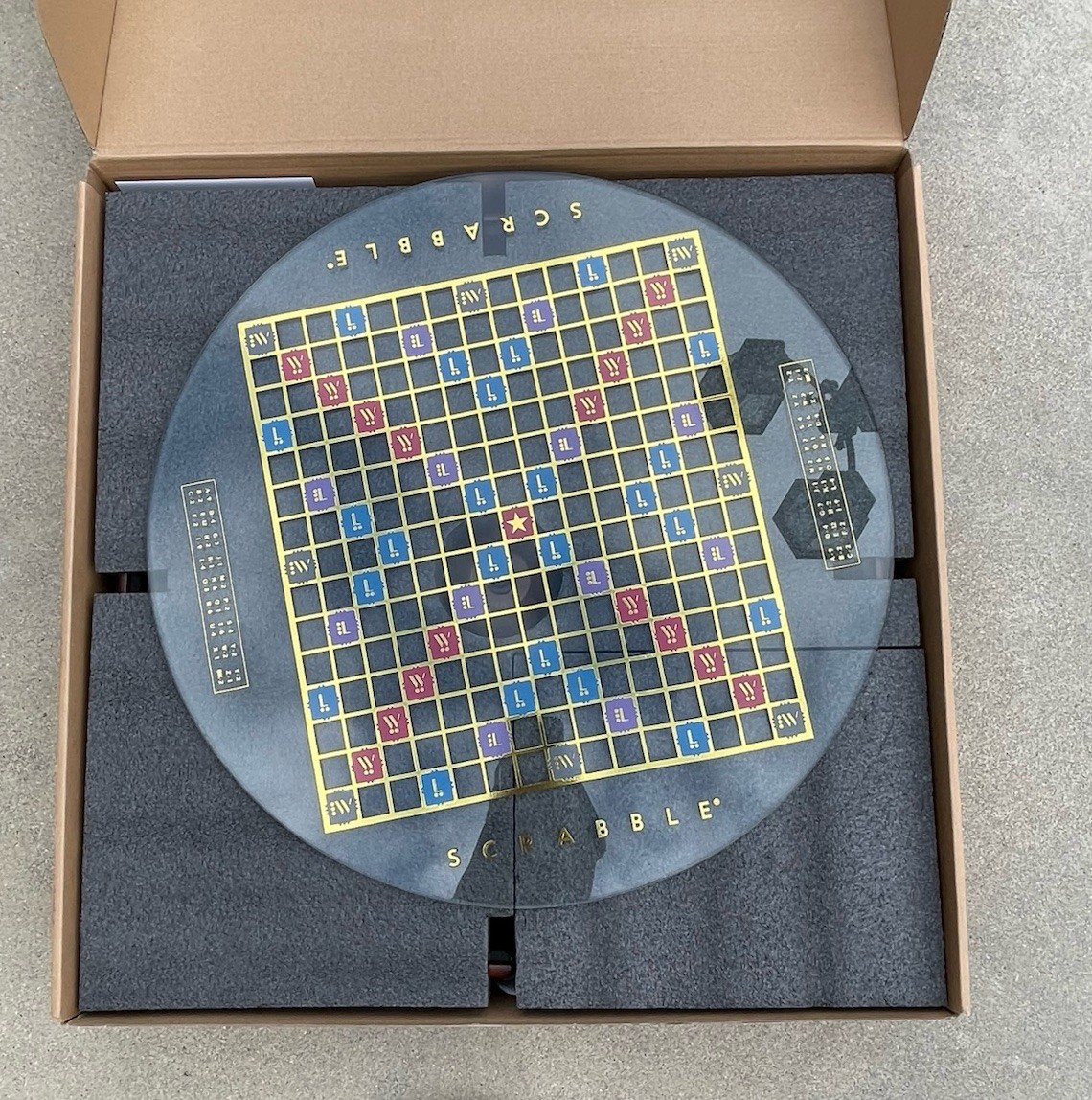 New WS Game Company Luxury Scrabble Prisma Glass Top with Wood Base Edition NIB