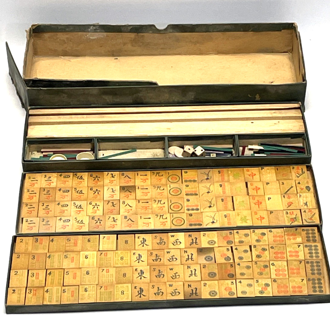 Antique 1920s Chinese Mahjong Set Wood Tiles Sticks & Original Box AsIs 144 Tile