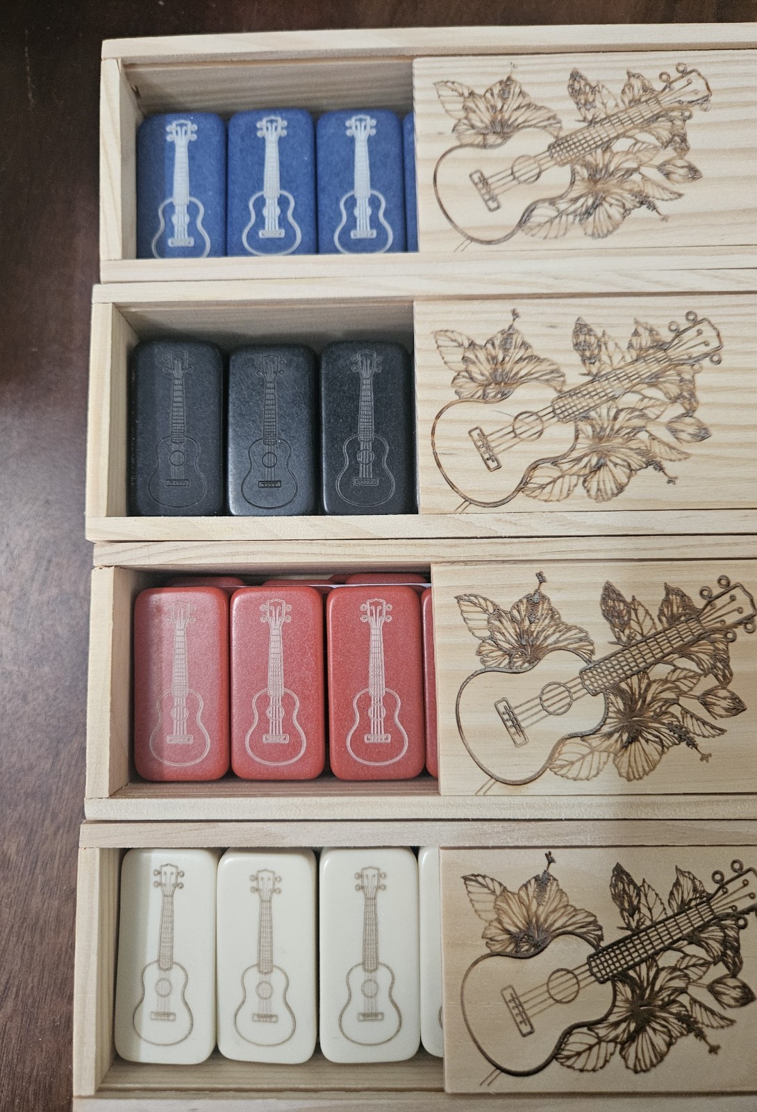 Double 6 Domino Set of UKULELE Dominoes BLUE BLACK RED or IVORY