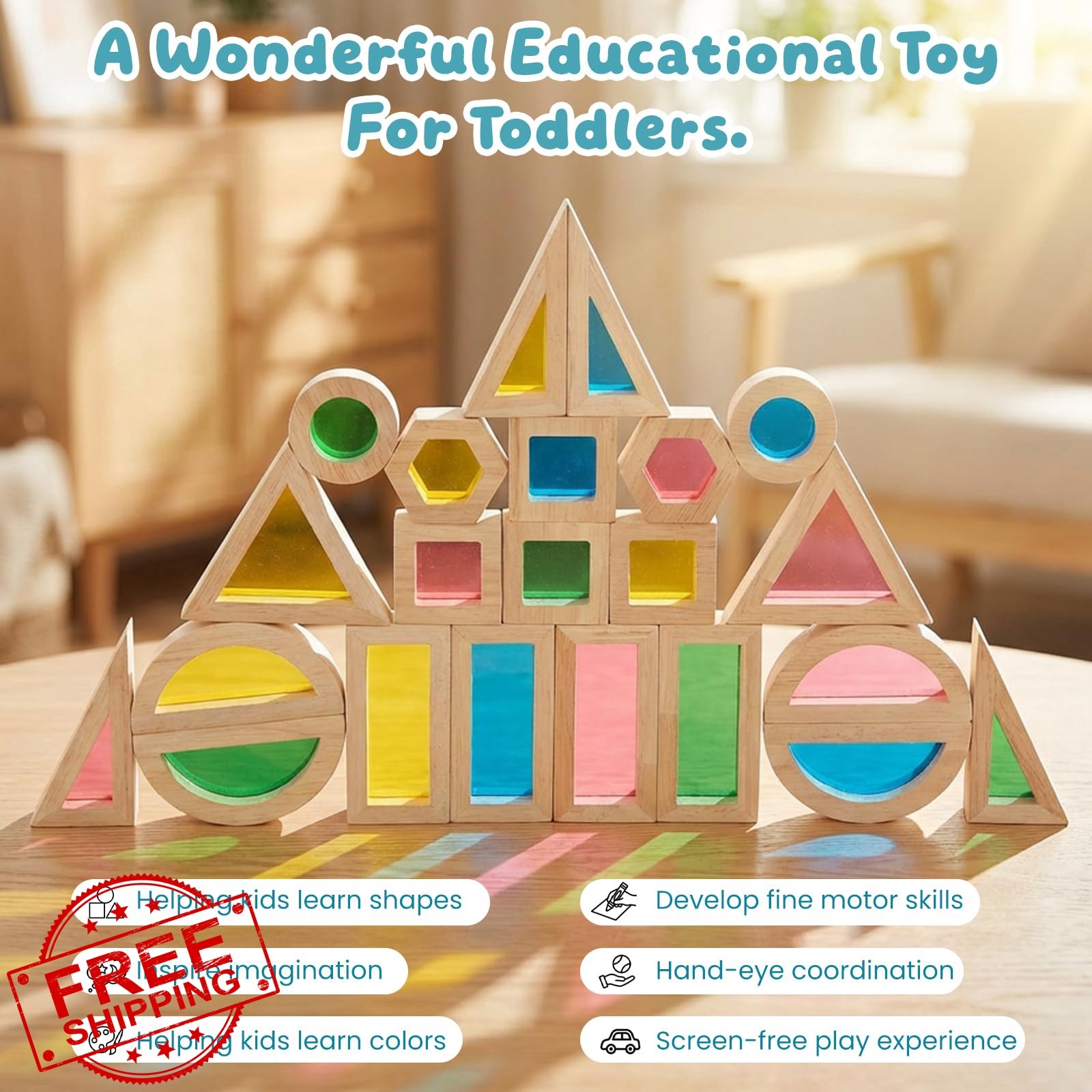 WOODENFUN 22pcs Wood Blocks Rainbow Stacker Game