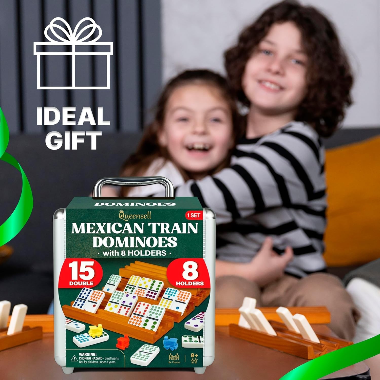Queensell Mexican Train Dominoes Set Double 15 with 8 Holders – Wooden Hub and T