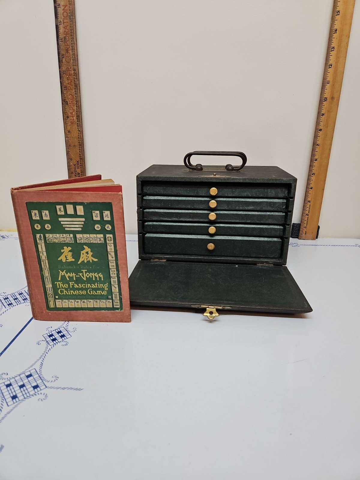 MAHJONG SET. With Beautiful Bone and Bamboo Tiles in Ornate Case W/Book Antique