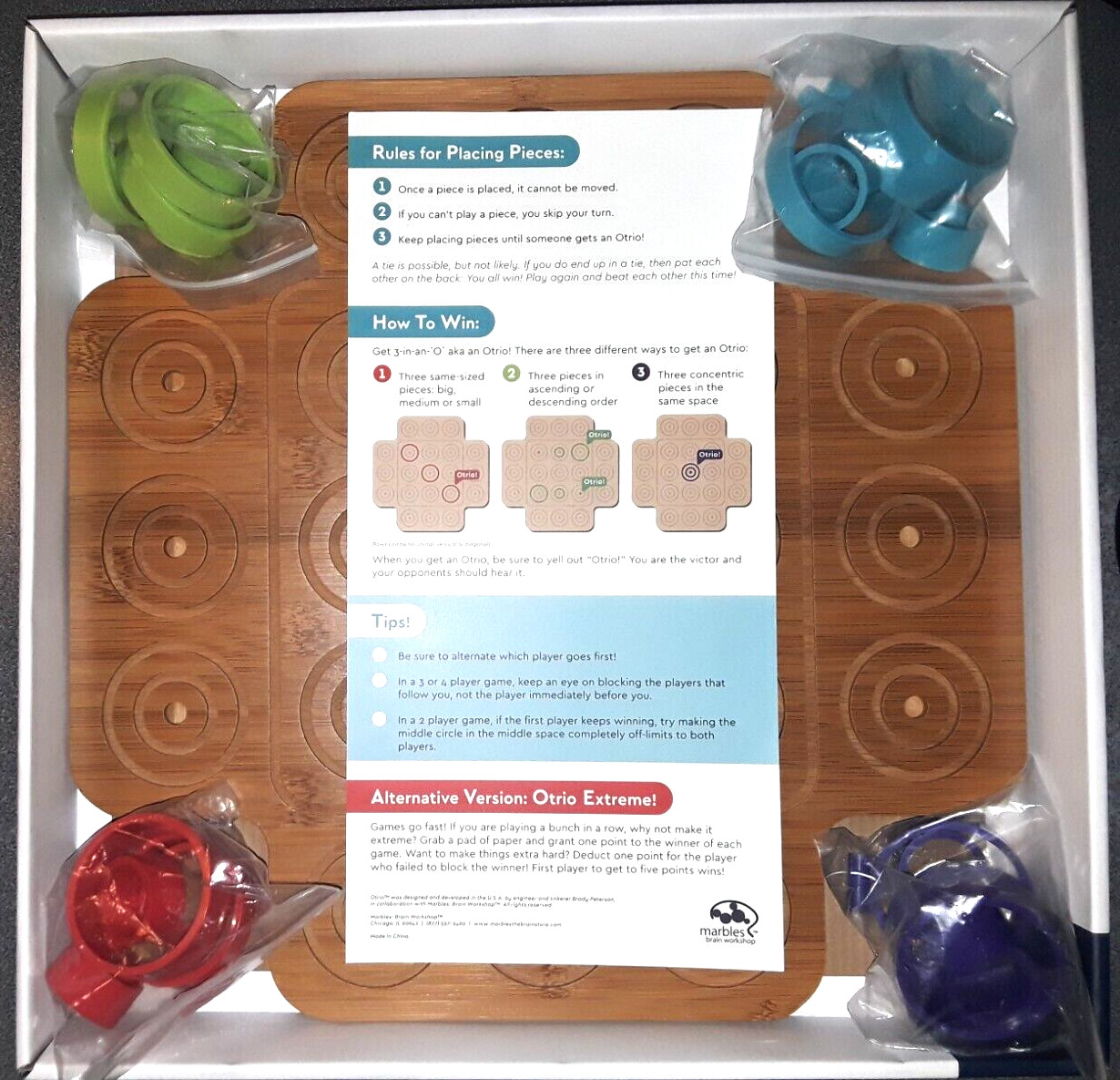 Otrio Marbles Brain Workshop Bamboo Wood Strategy Wooden Board Game VG+ Complete