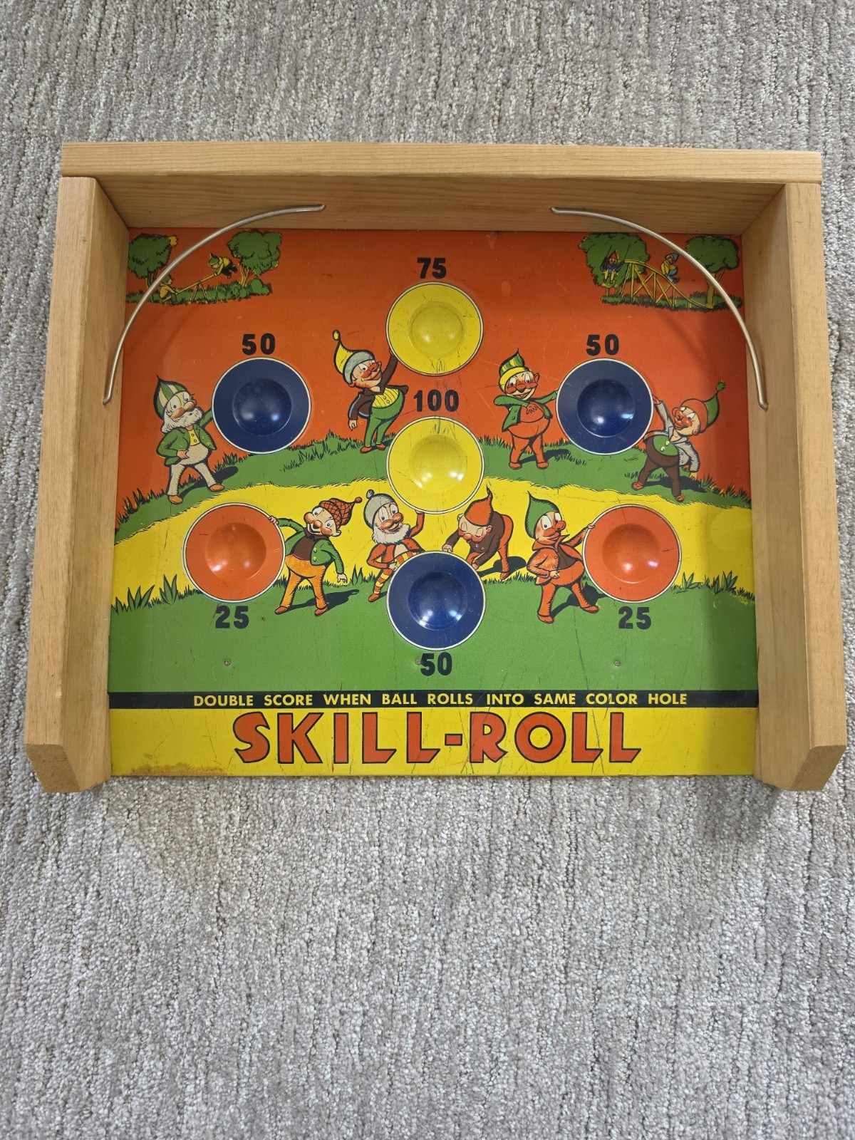 Vintage 1950s Skill – Roll Tin Litho Game W/ Gnomes and Elves