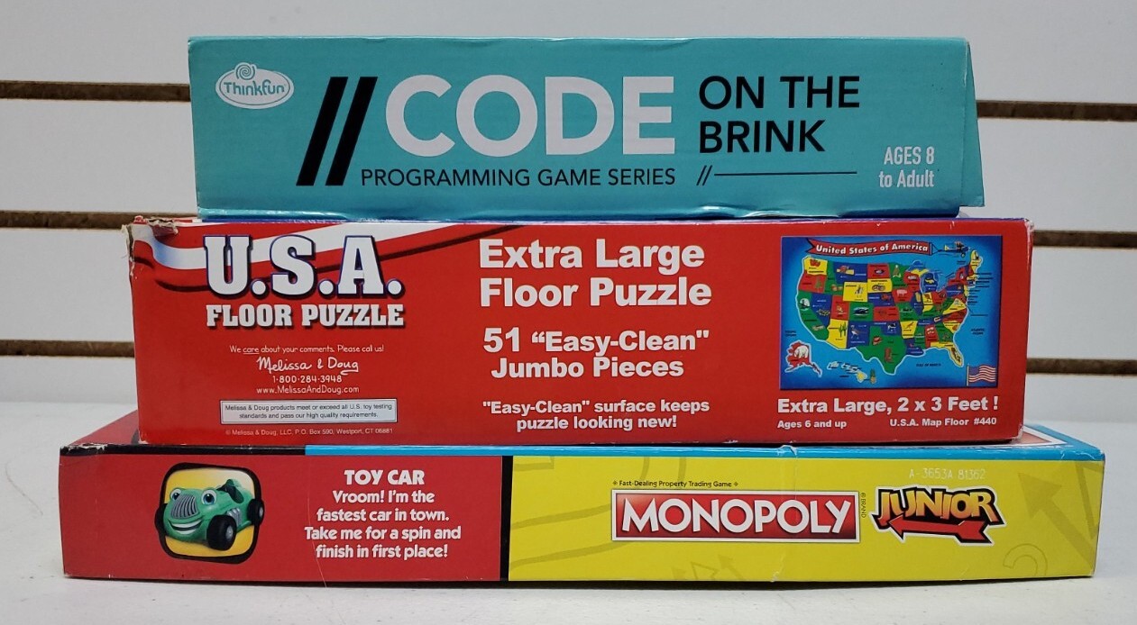 Kids Board Game Lot: Monopoly Jr, CODE on the Brink & USA XL Floor Puzzle *READ*