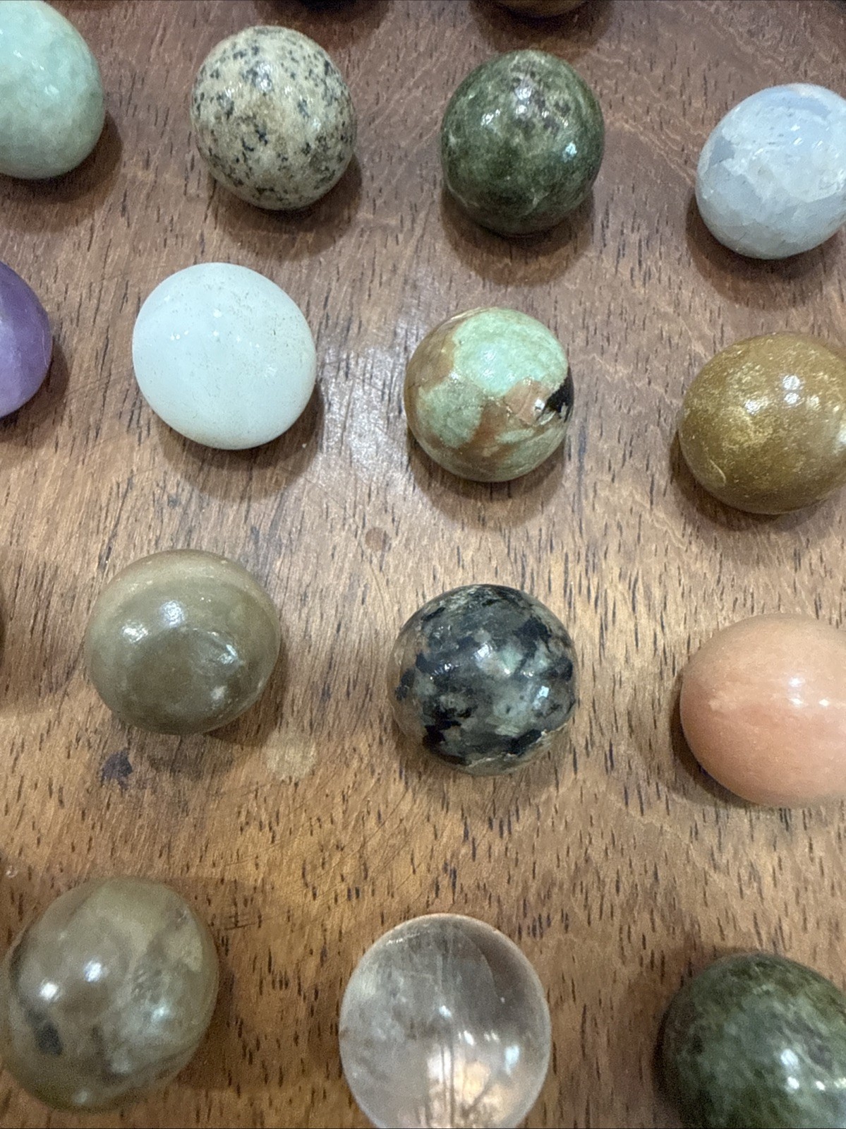 Vintage Wooden Solitaire Game with 37 Semi-Precious Stone Marbles