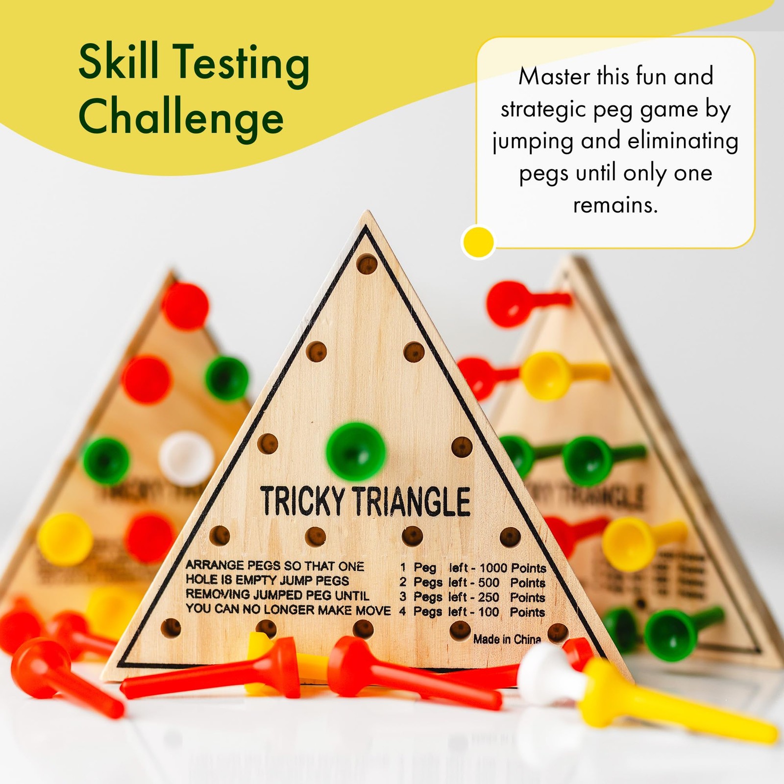 3 Pack – Wooden Triangle Peg Board Game – Retro Mini Travel Game