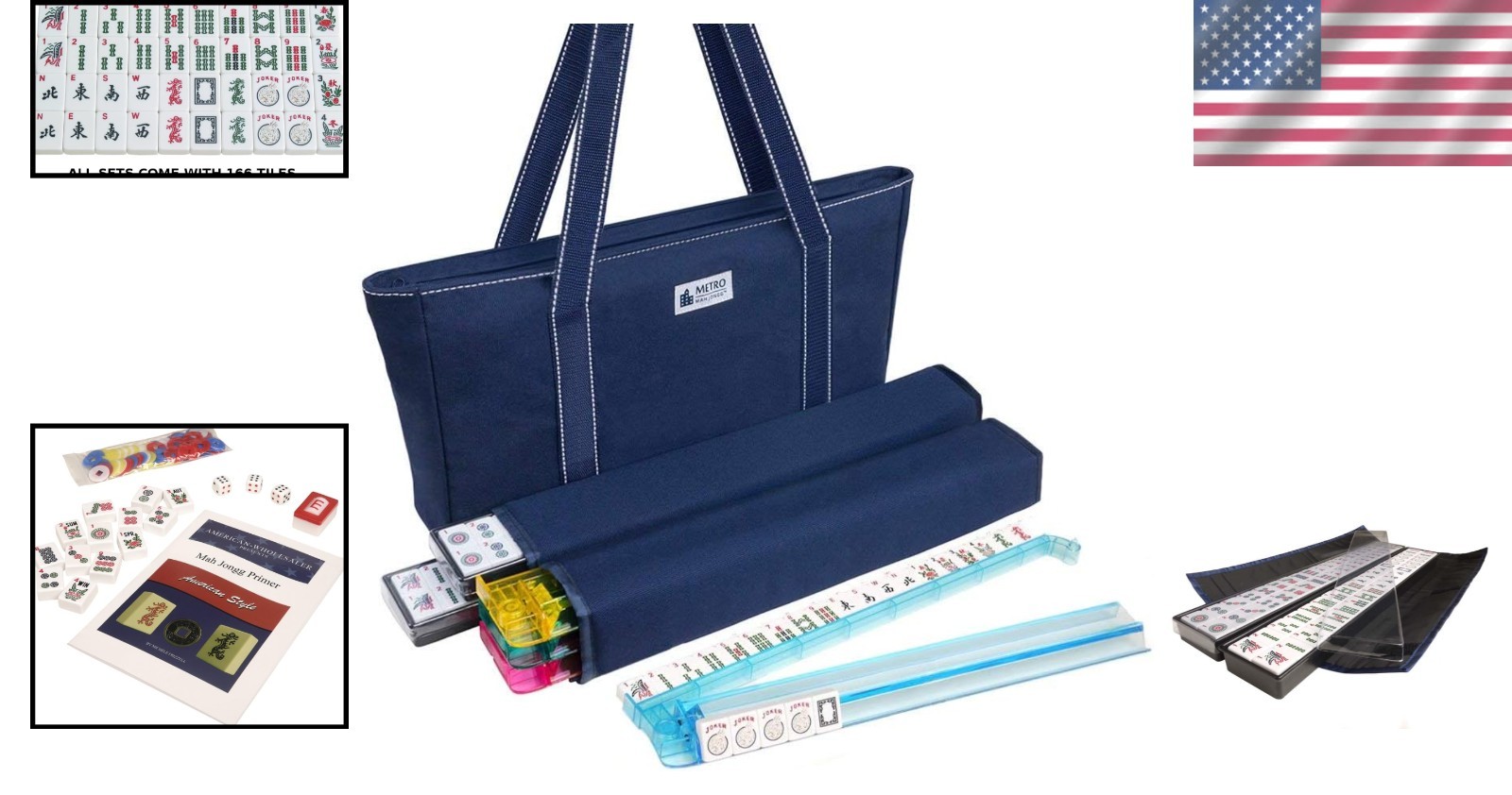 American Mah Jongg Set – 166 Melamine Tiles, 4 Racks, Blue Canvas Bag
