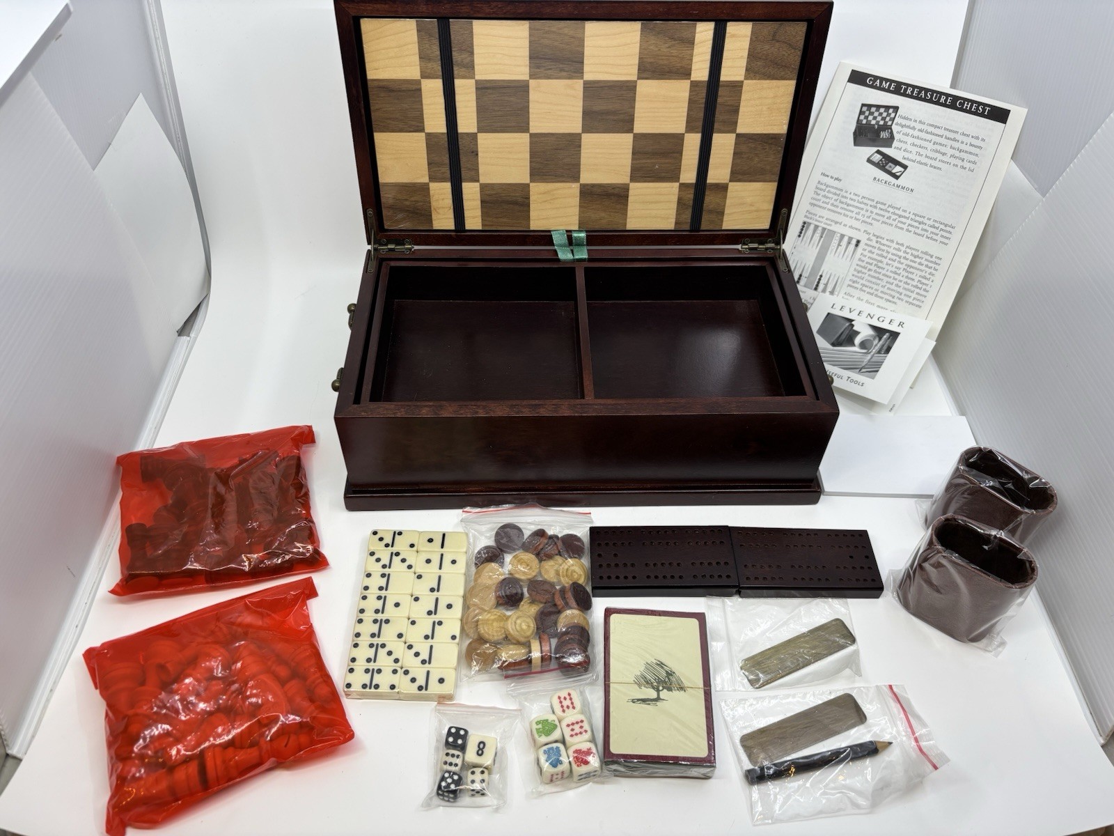 Levenger Wood Game Treasure Chest Chess Checkers Dominoes Cribbage Poker Dice