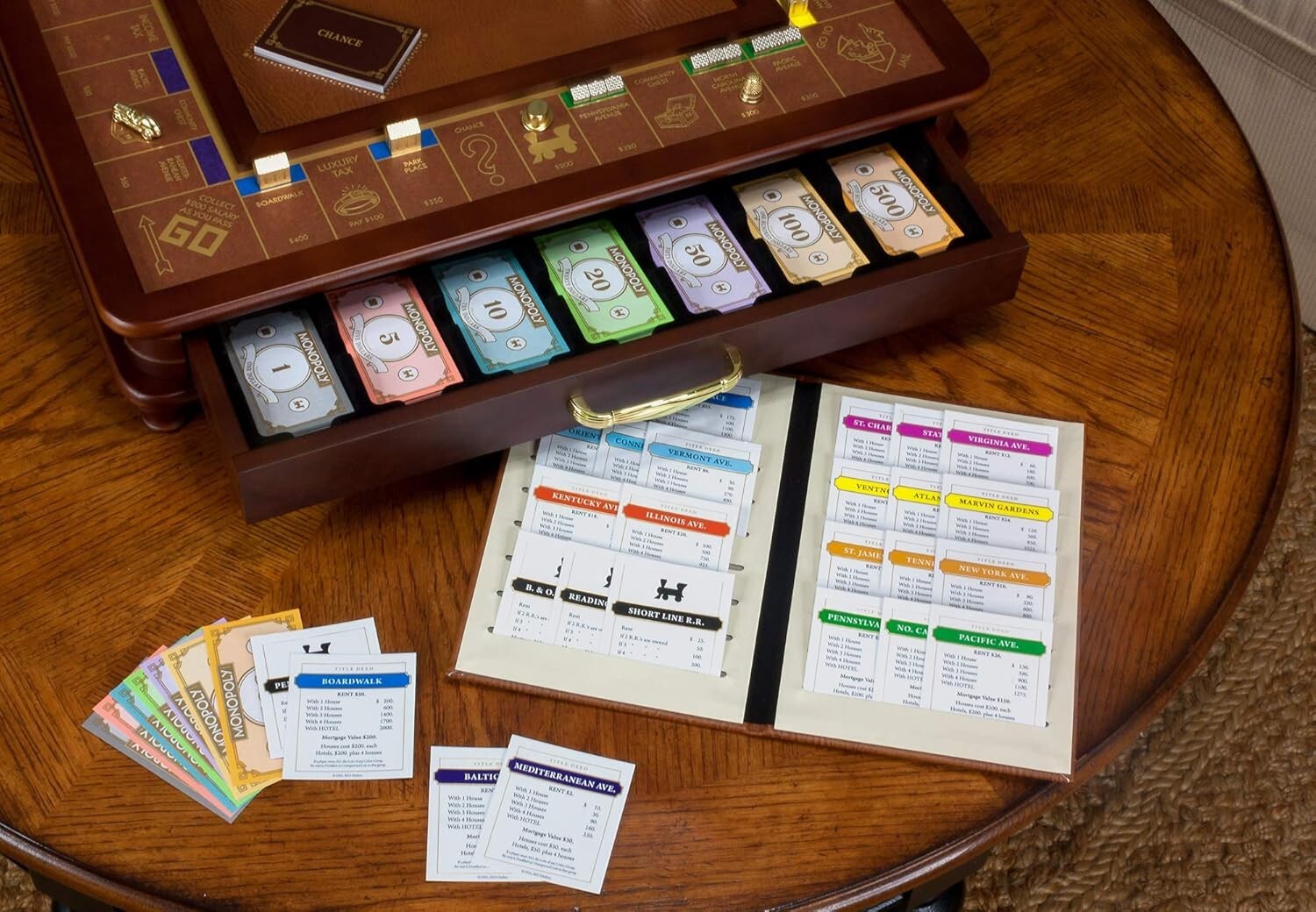 Monopoly Luxury Edition with Burl Finished Wood Cabinet
