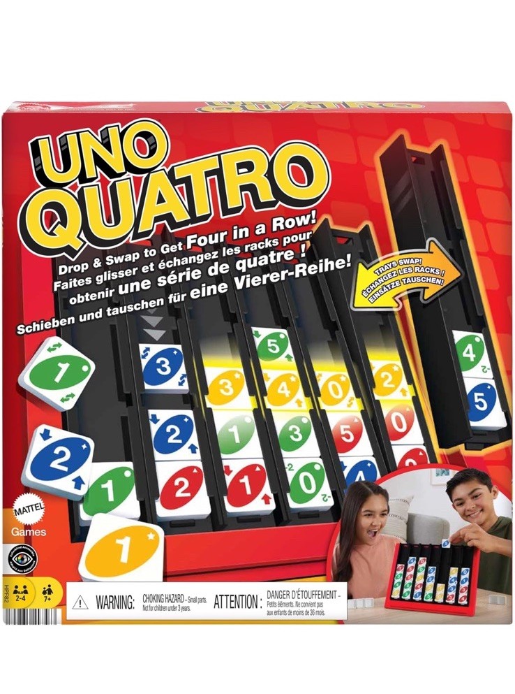 UNO Quatro Game with Colored Tiles & Plastic Game Grid for Adults/Family