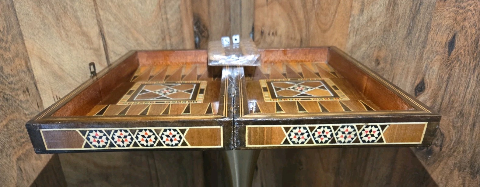 Vintage Mosaic Inlay Chess Backgammon Set Handcrafted Wood Marquetry Game Box
