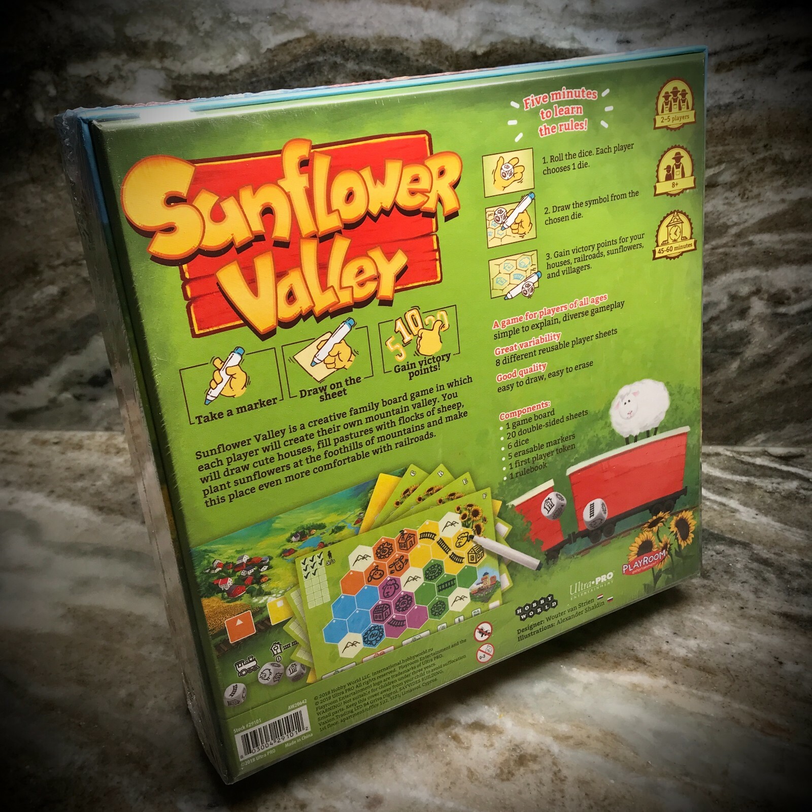 New SUNFLOWER VALLEY ROLL AND WRITE BOARD GAME age8+ family dice 2018 OOP SEALED