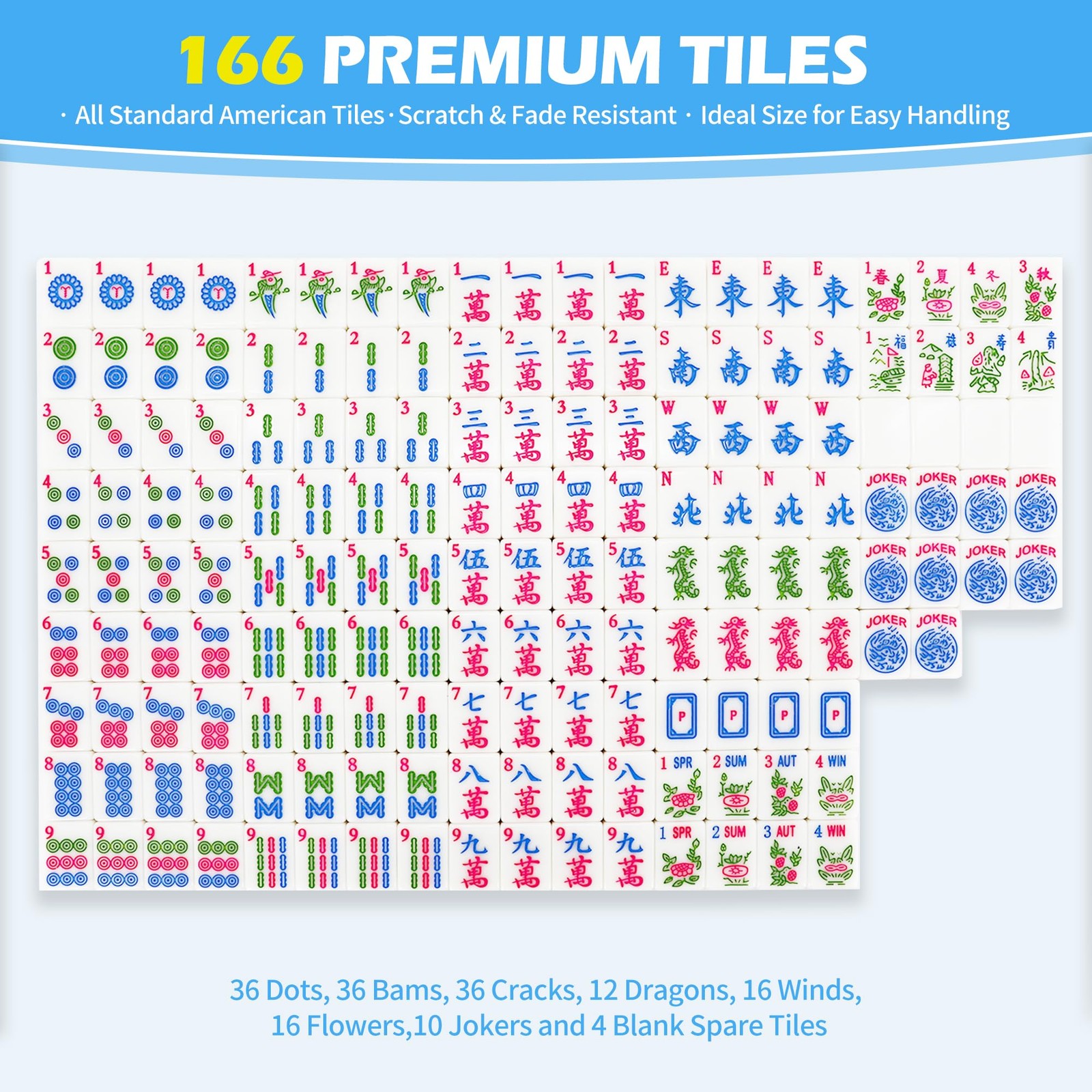 Jolitac American Mahjong Game Set, 166 Premium 10 inches x 3 inches, Blue
