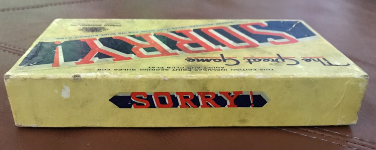 1950 Vintage SORRY Board Game Cards Wooden Pegs instructions 1 blue peg missing
