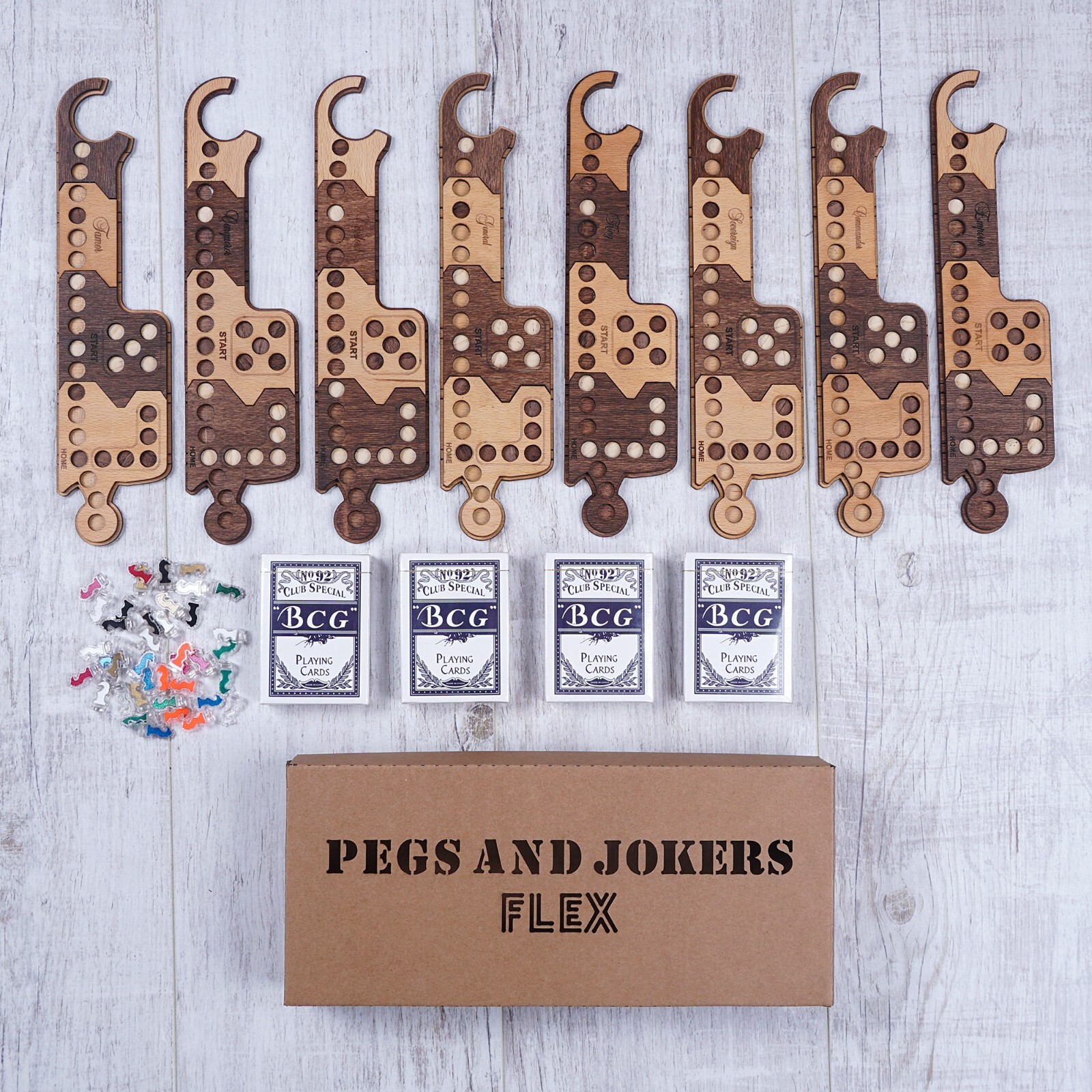 Pegs and Jokers Flex Board Game Set 2 to 8 Players Handcrafted Natural Wood