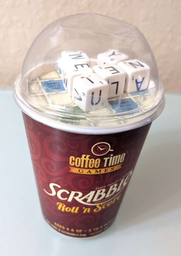 Hasbro WS Game Company Compact Scrabble Roll ‘n Score Coffee Time Game Cup New
