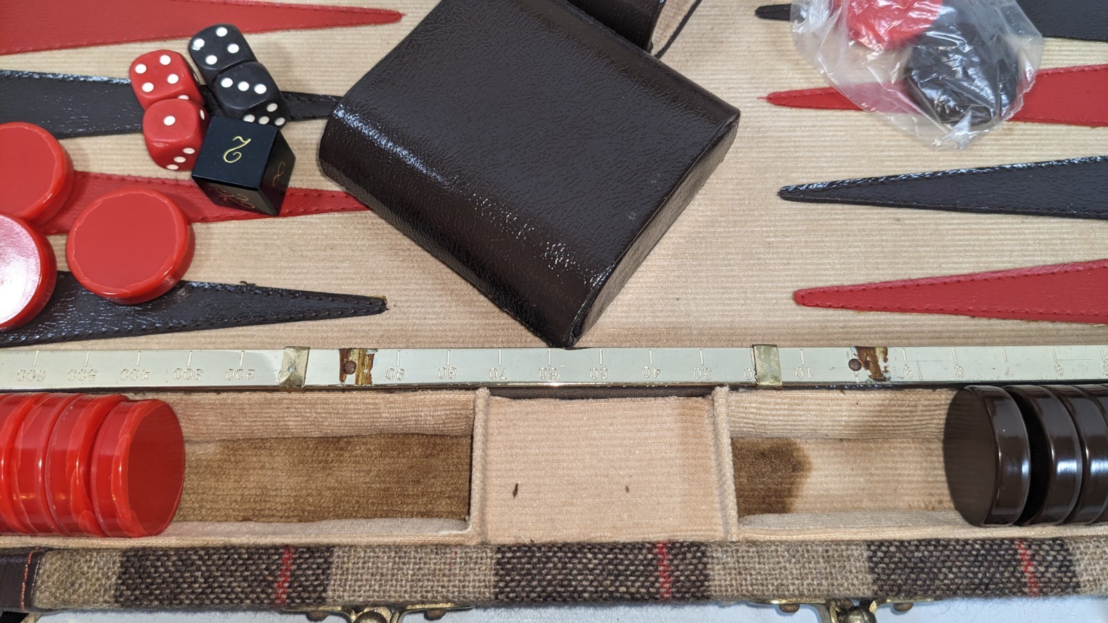 Vintage Aries Of Beverly Hills Backgammon Set Brown And Red Plaid COMPLETE