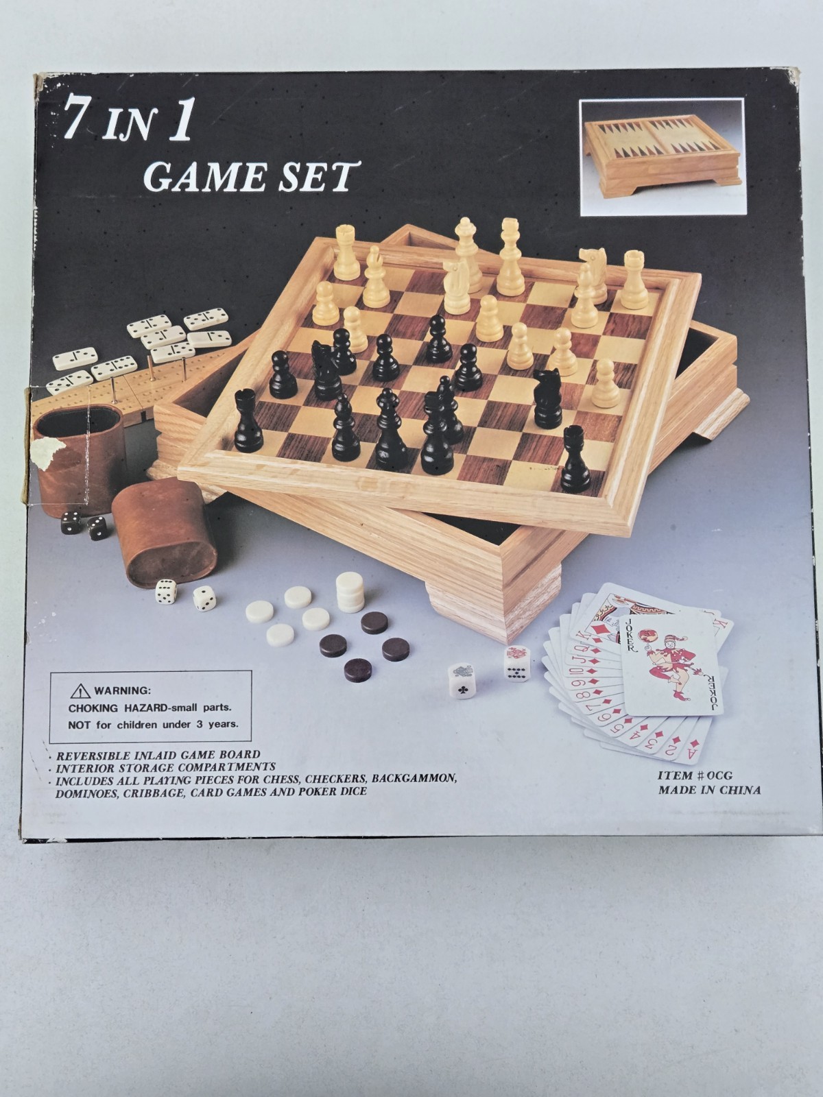 7-in-1 Classic Game Set Reversible Inlaid Board w/ Interior Storage OPEN BOX NEW