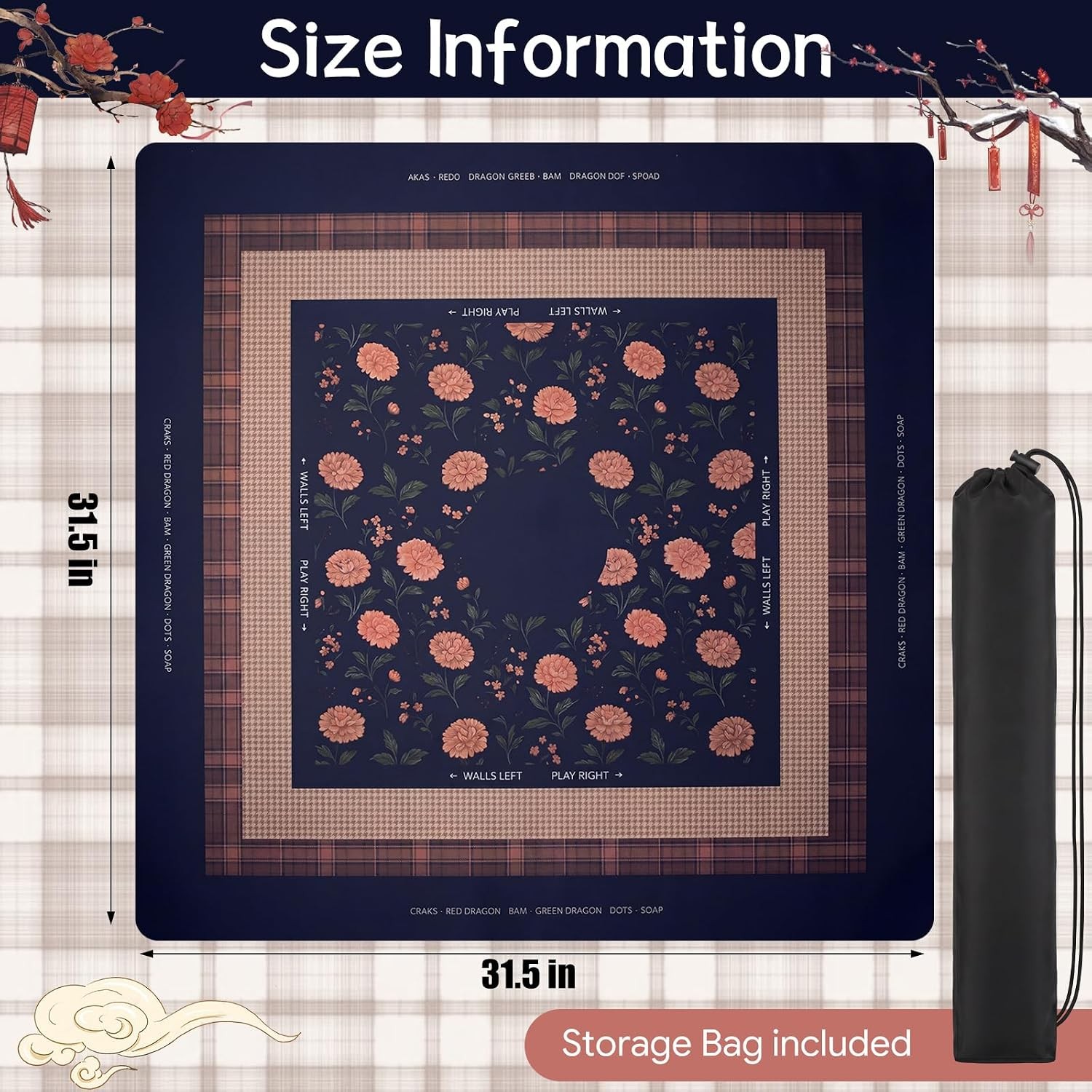 American Mahjong Table Mat 31.5 x 31.5 Inch Drydiet Mahjong Game Mat with