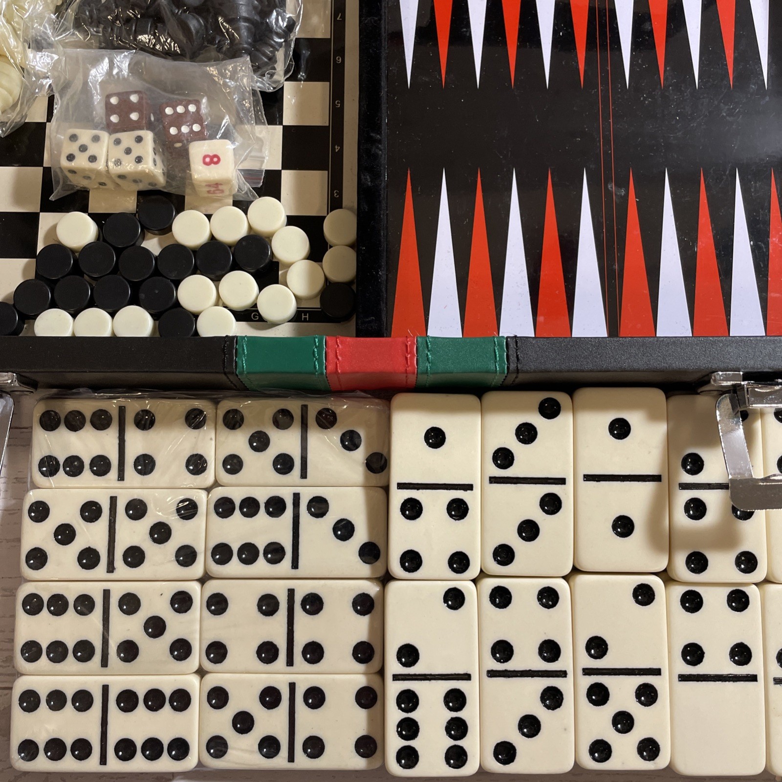 Excalibur 6 in 1 Game Black Portable Travel Case Chess Domino Cards Checkers VTG