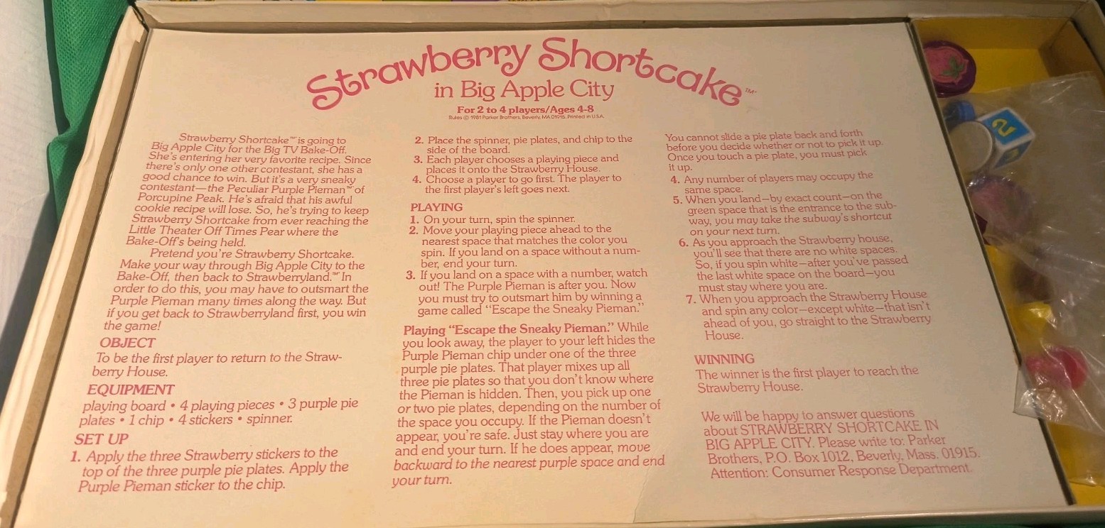 Strawberry Shortcake in Big Apple City Board Game 1981 Vtg. MISSING PAWN, READ