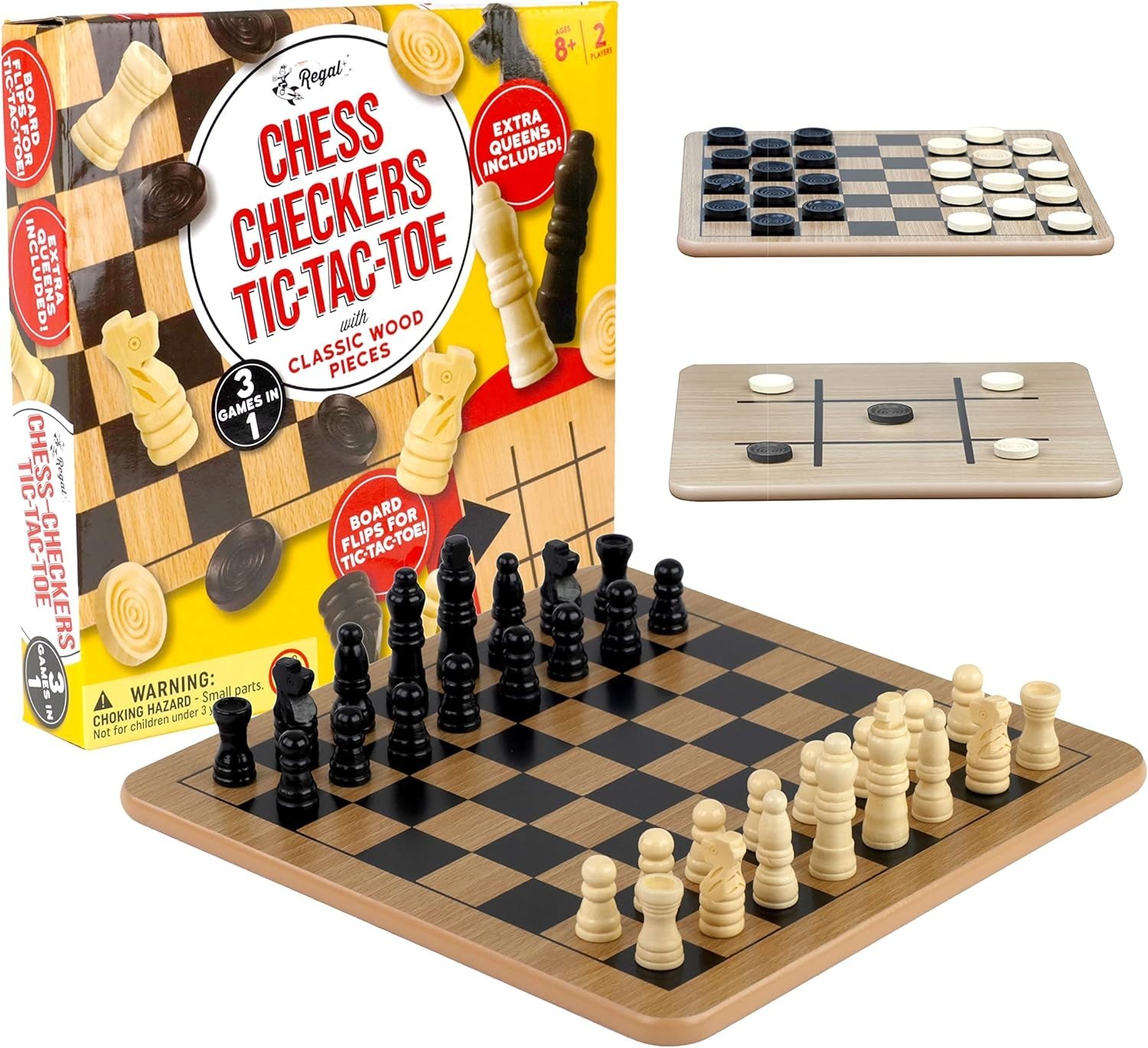 Elegant Reversible Wooden Board Game Set: Chess, Checkers & Tic-Tac-Toe 10.5″