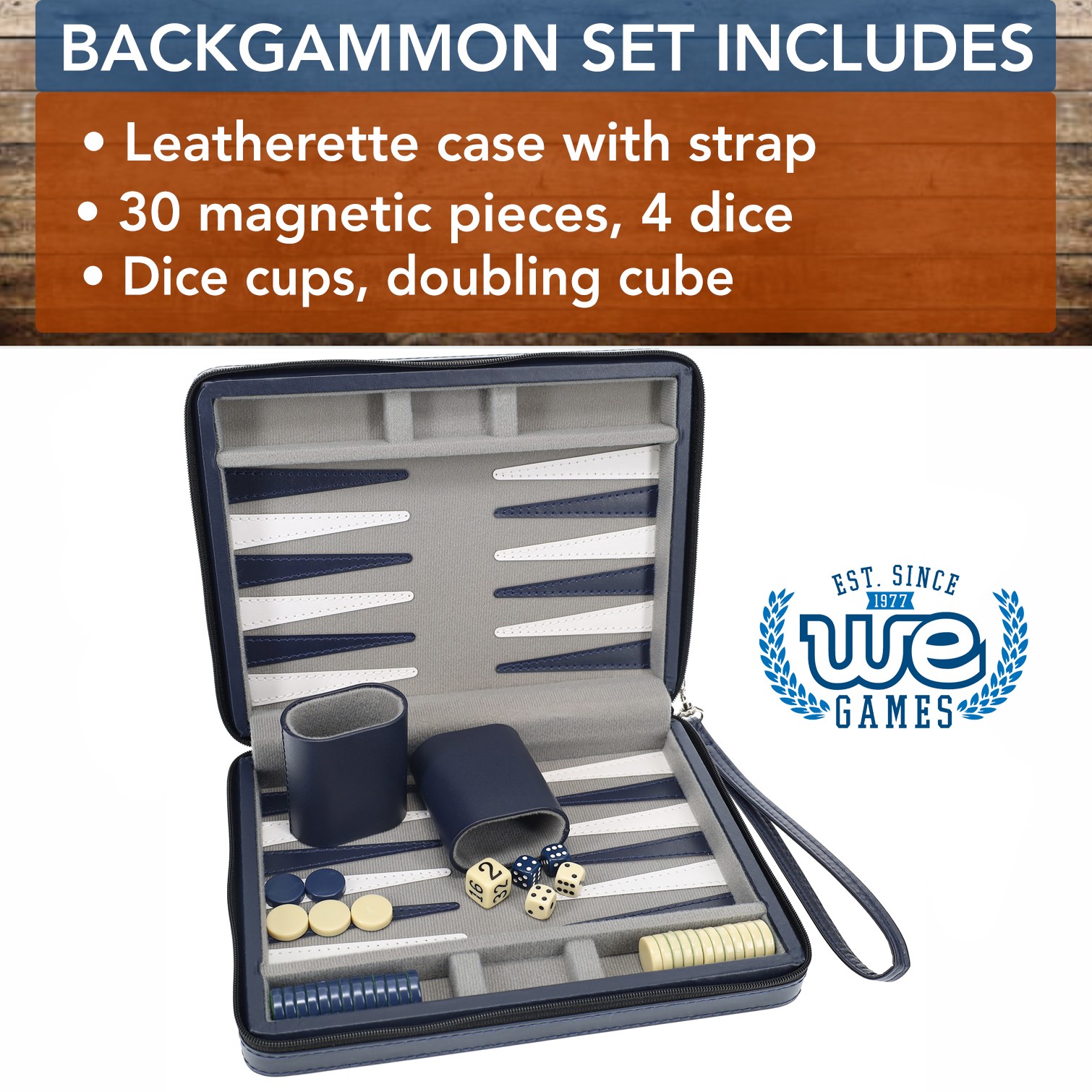 WE Games Magnetic Backgammon Set, Leatherette Case, Carrying Strap – Travel Size