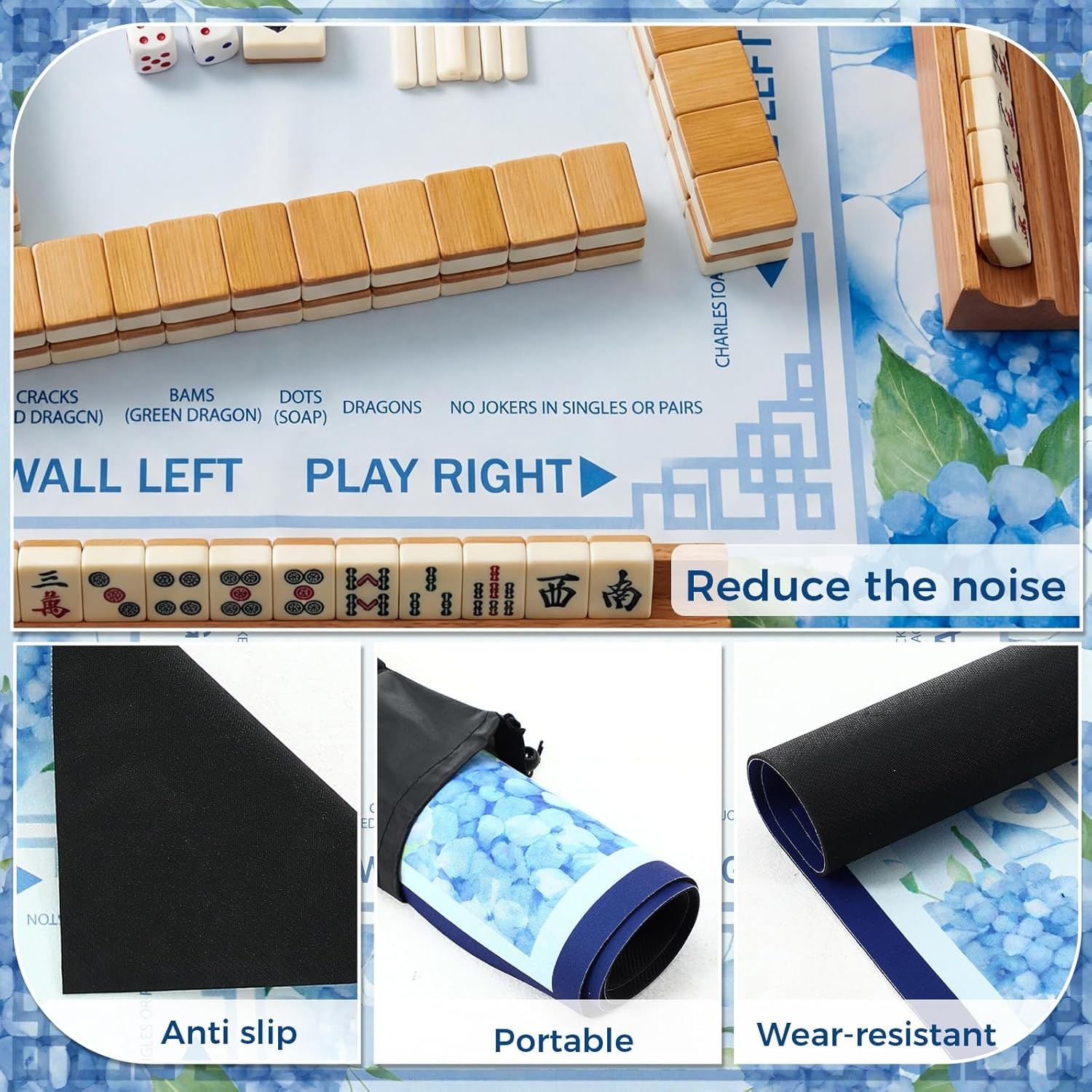 Flower Mahjong Mat 31.5″ x 31.5″ Non-Slip Noise Reduction Gaming Table Mat