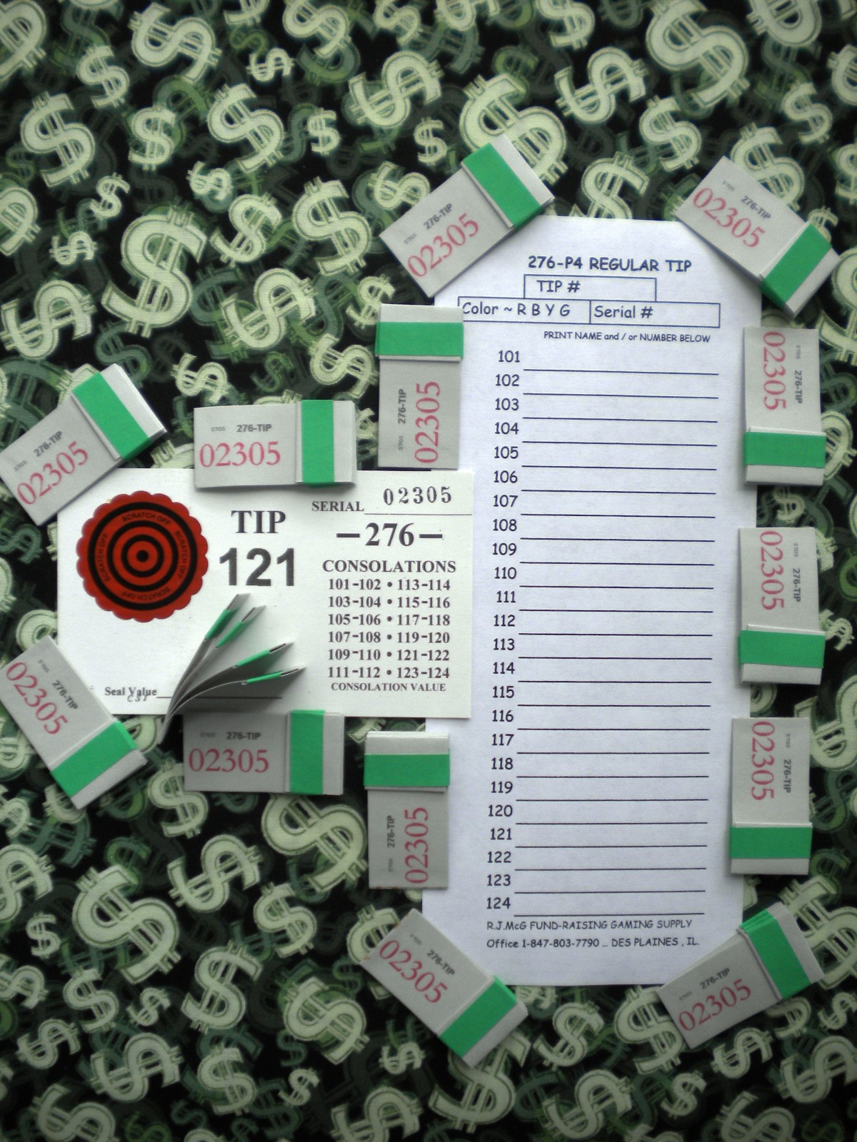 1 Game ~ 276-P4’s x69 REGULAR “NOT Sure” TIP BOARD {101-124} Pull Tab Jar Ticket