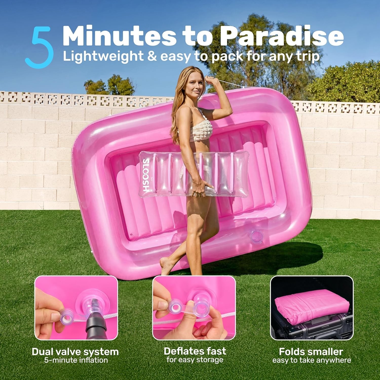 Pool Float Lounger 70 x 46 Inflatable Tanning Bed Large Pink SLOOSH Floats Adult