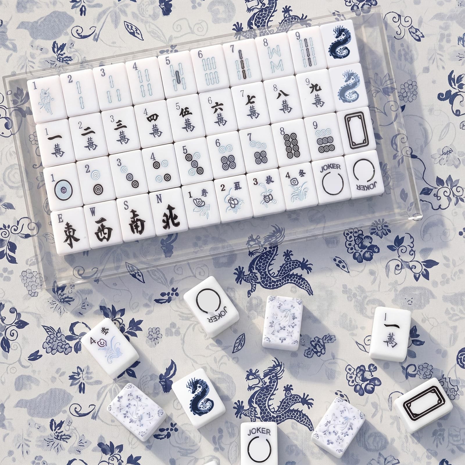 Soulchen 160 Chinoiserie Blue Porcelain American Mahjong Tile Set with Acryli…