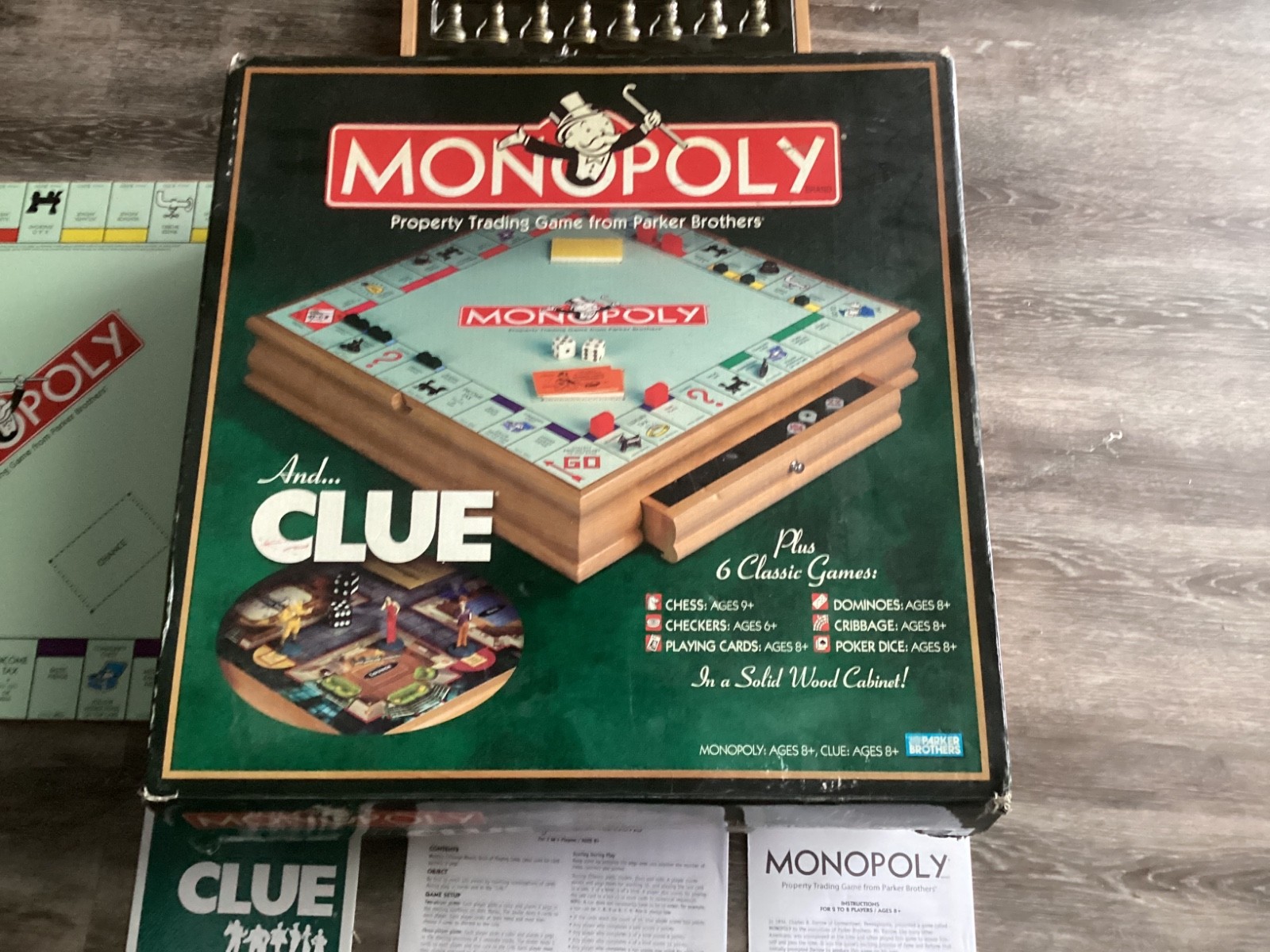 Hasbro/Parker Brothers, Monopoly, And Clue +6 Classic Games. Wooden Game Set
