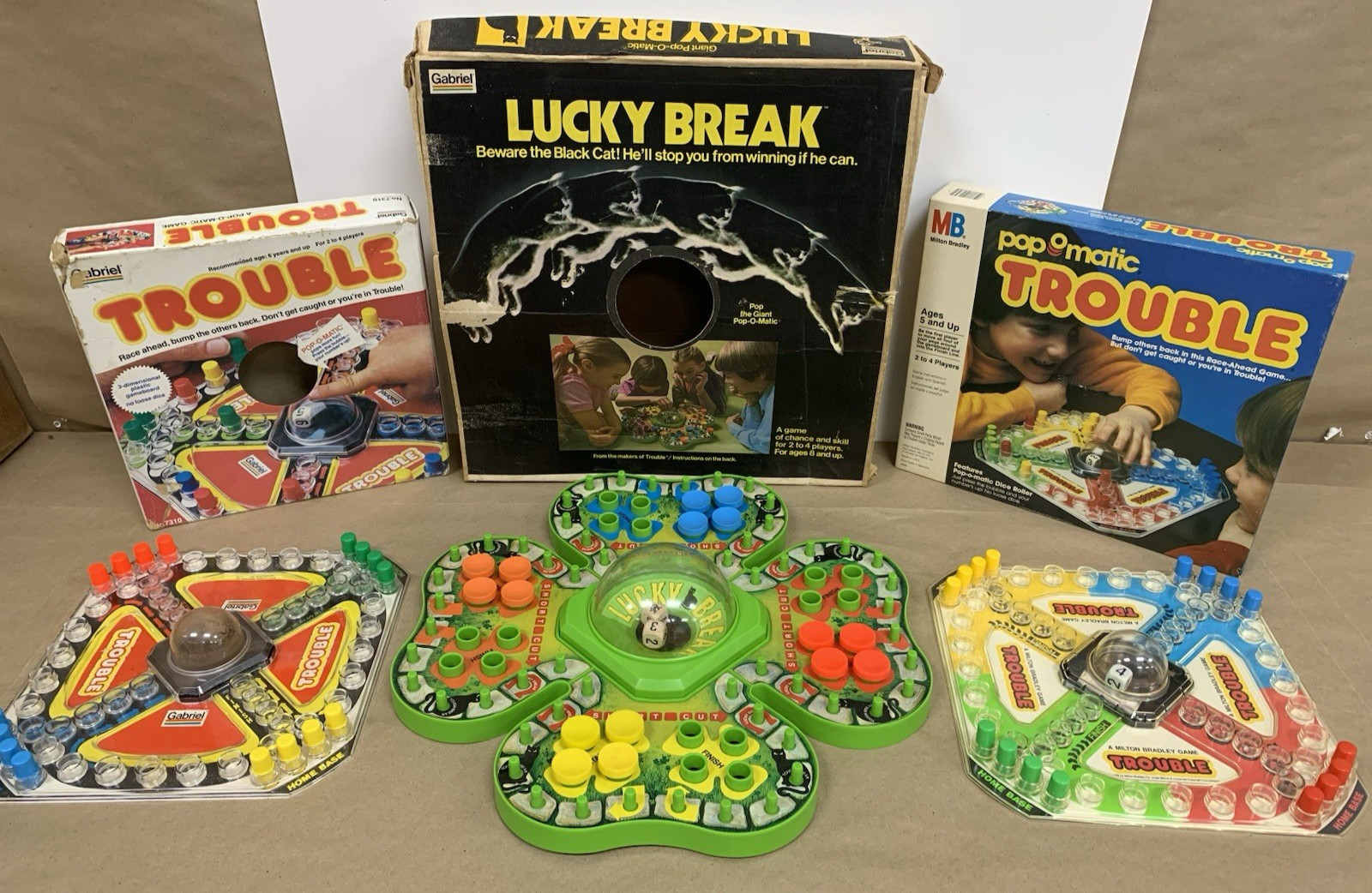 Vintage Family Game 3pc Lot Gabriel PopOMatic Lucky Break Milton Bradley Trouble