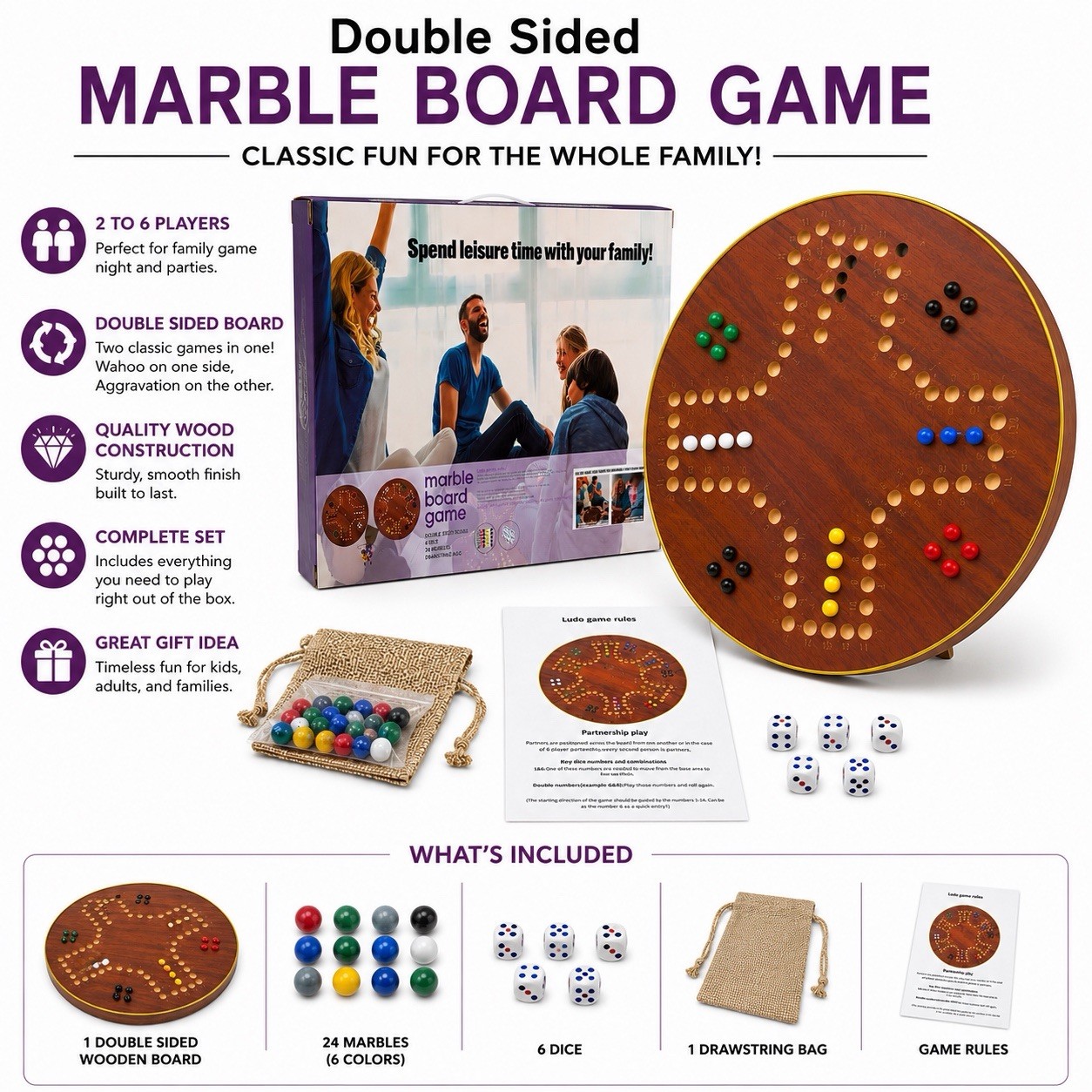 16” Double-Sided Wooden Marble Board Game Wahoo Fast Track Aggravation 2-6 P