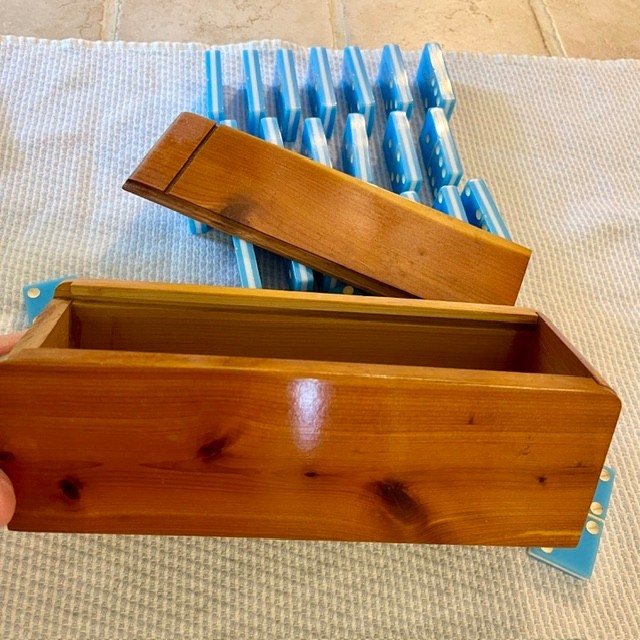Vintage Two-Tone Blue and White Double Six Dominoes Complete 28 Set Wood Box