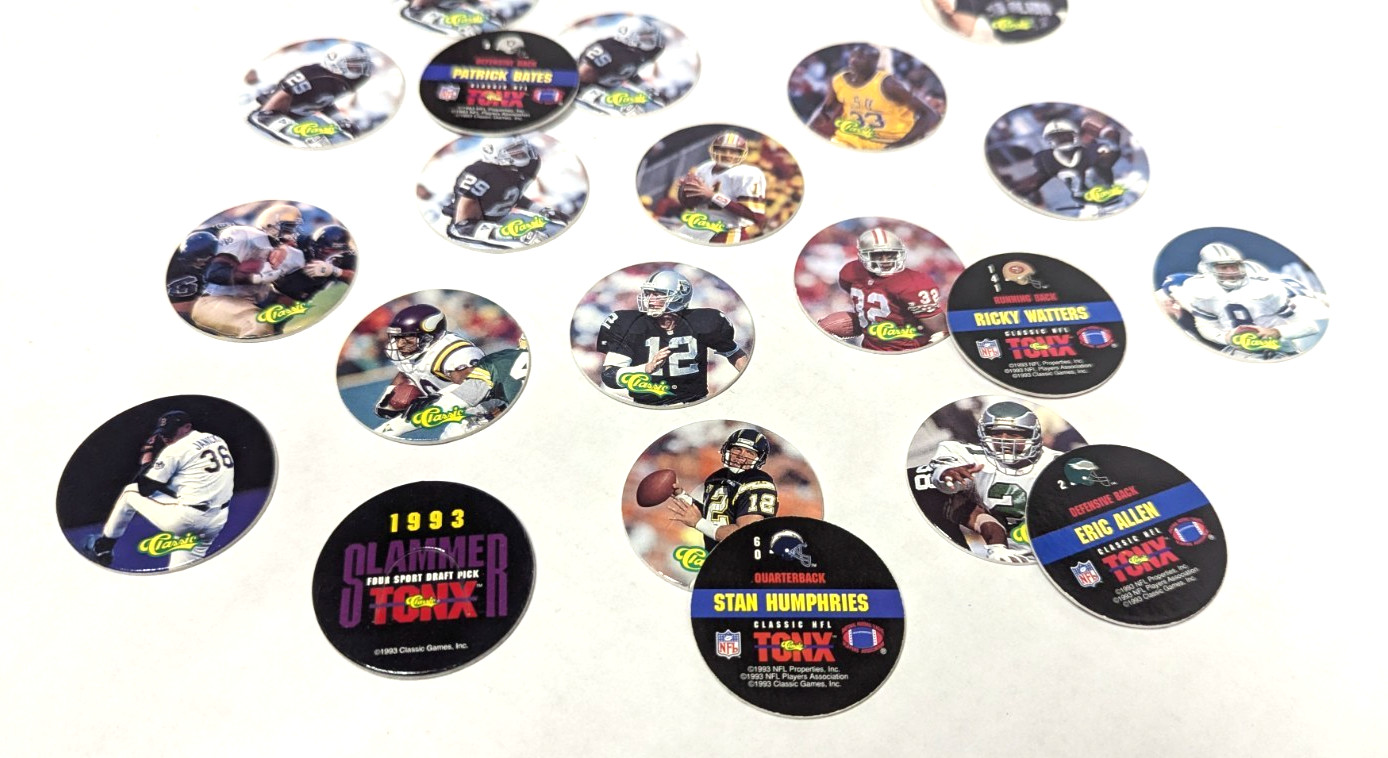Mixed Sports Pog Milkcap Vintage TONX 1993 Lot of 21 Assorted, Storage Tube