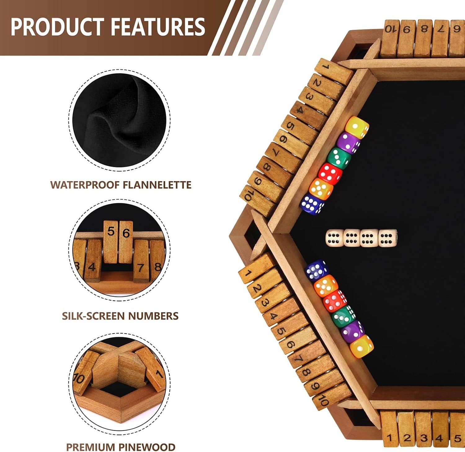 Nicecho 2-6 Players Shut The Box Dice Game, Wooden Board Table Math Game