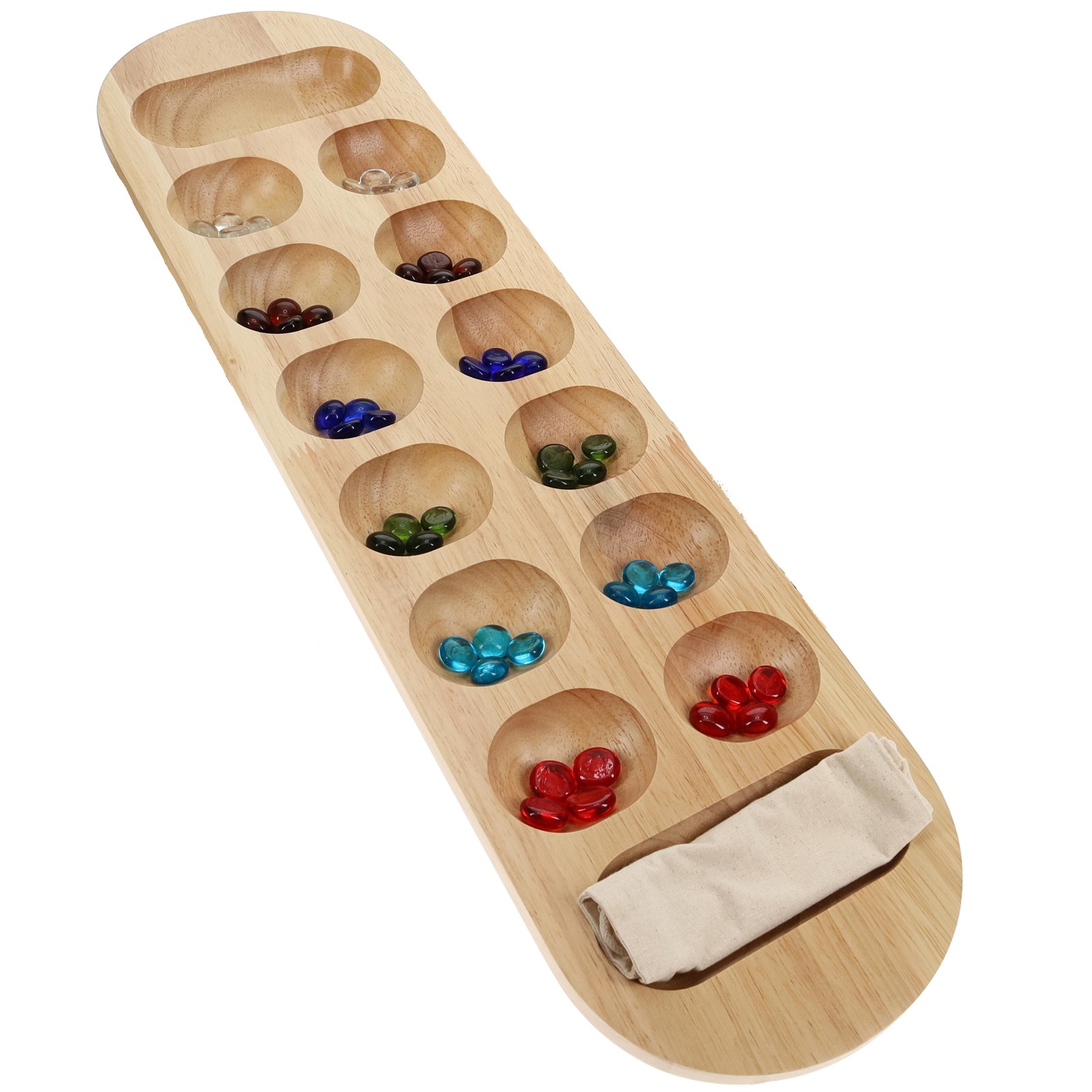 WE Games Mancala Board Game – 22 in., Solid Natural Wood Board and Glass Stones